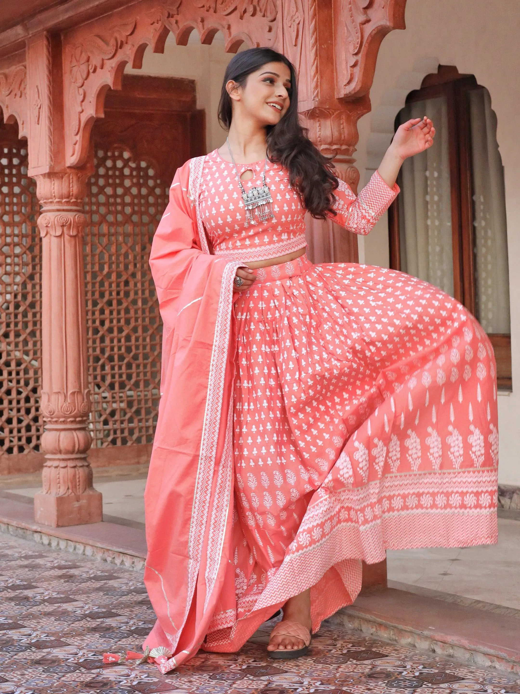 Jashvi Pink Printed Crop Top, lehenga with Dupatta set