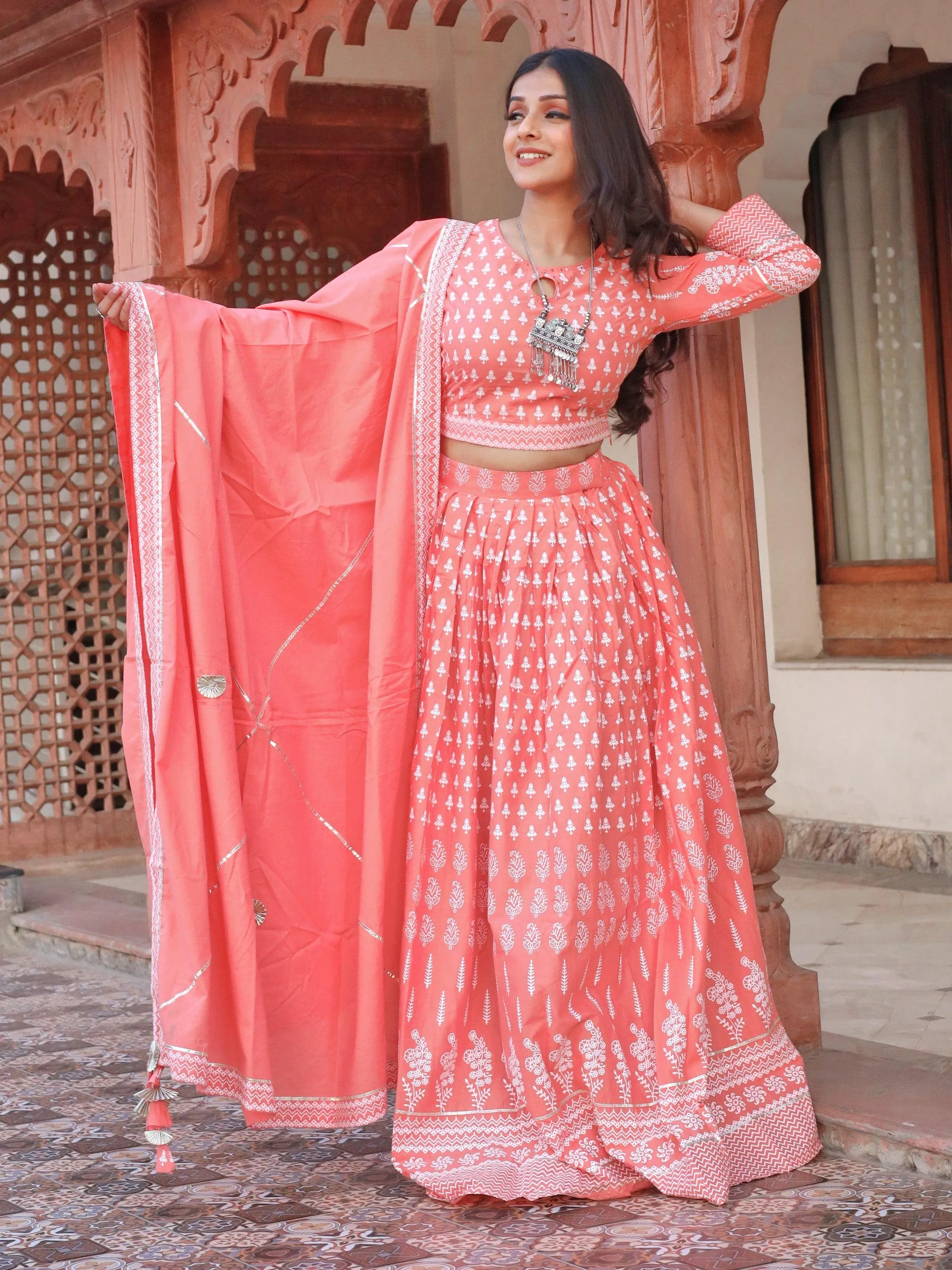 Jashvi Pink Printed Crop Top, lehenga with Dupatta set