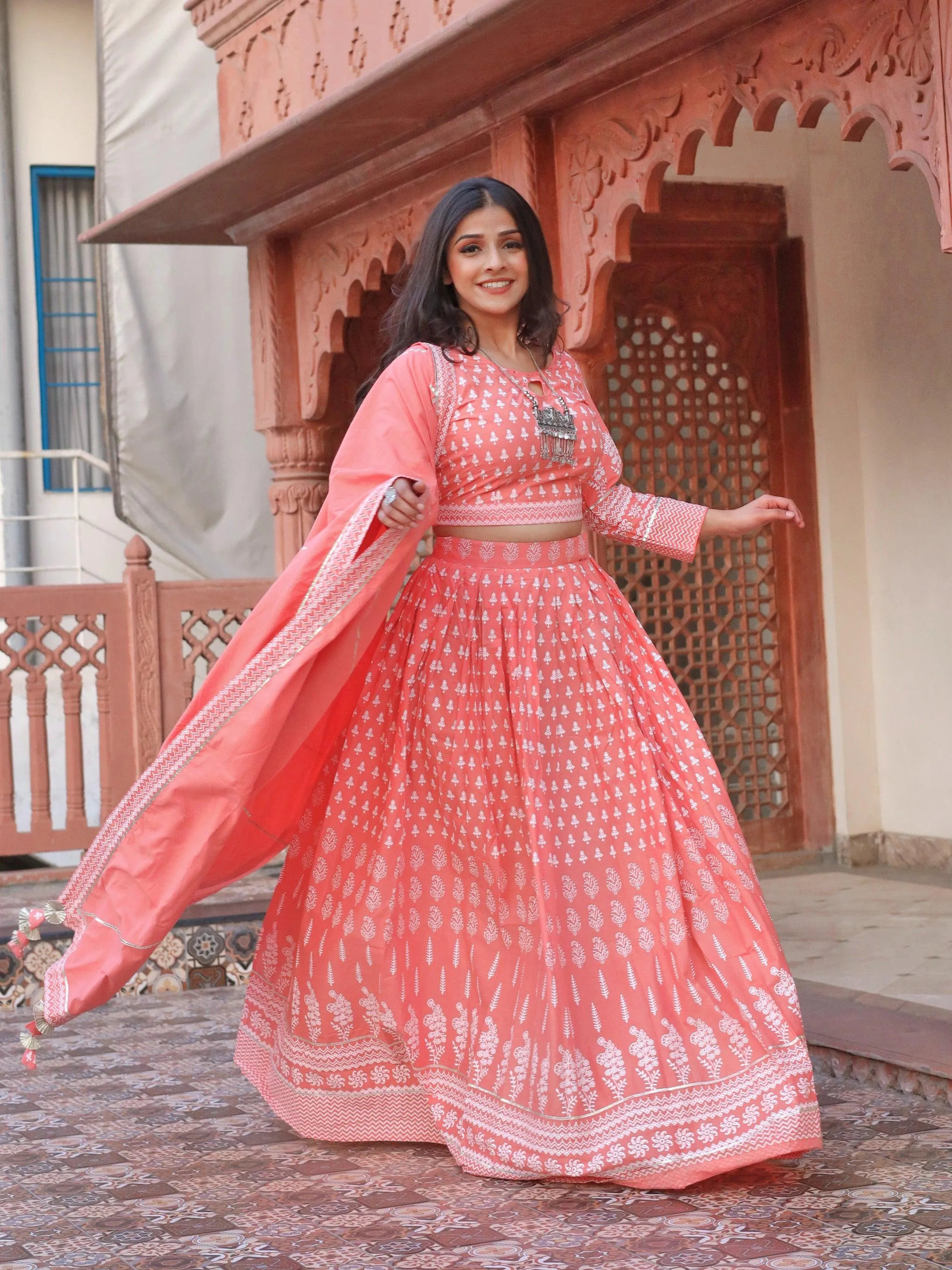 Jashvi Pink Printed Crop Top, lehenga with Dupatta set