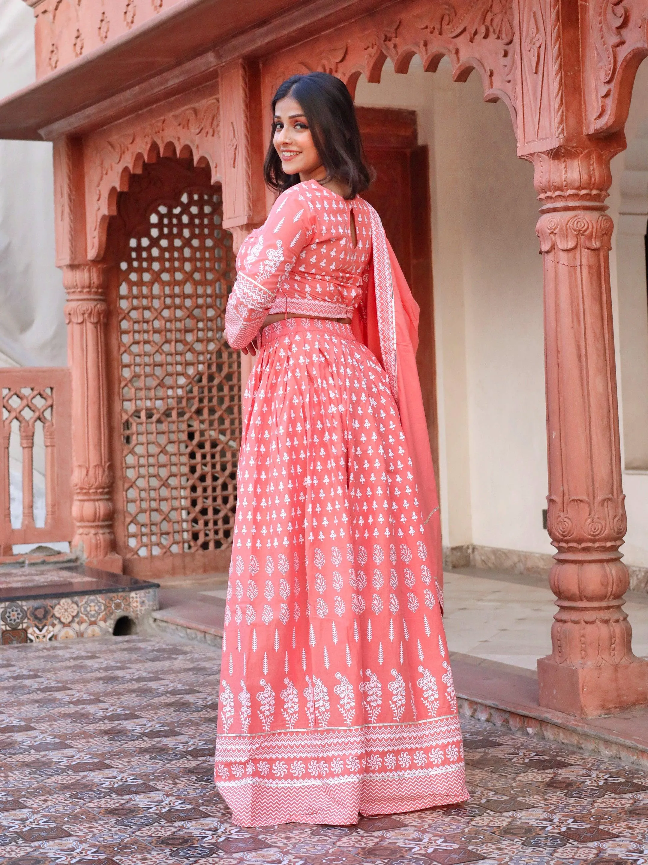 Jashvi Pink Printed Crop Top, lehenga with Dupatta set