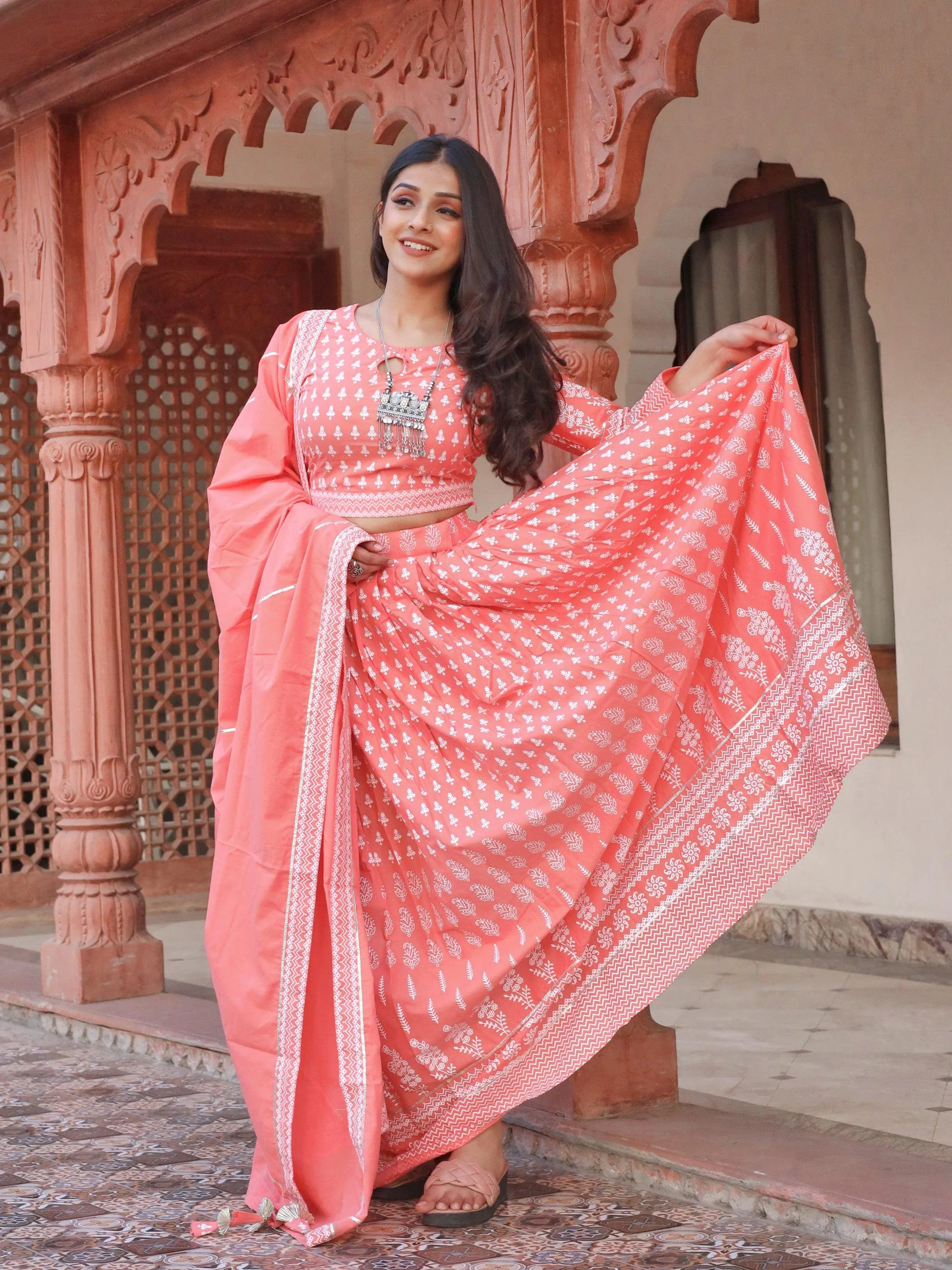 Jashvi Pink Printed Crop Top, lehenga with Dupatta set