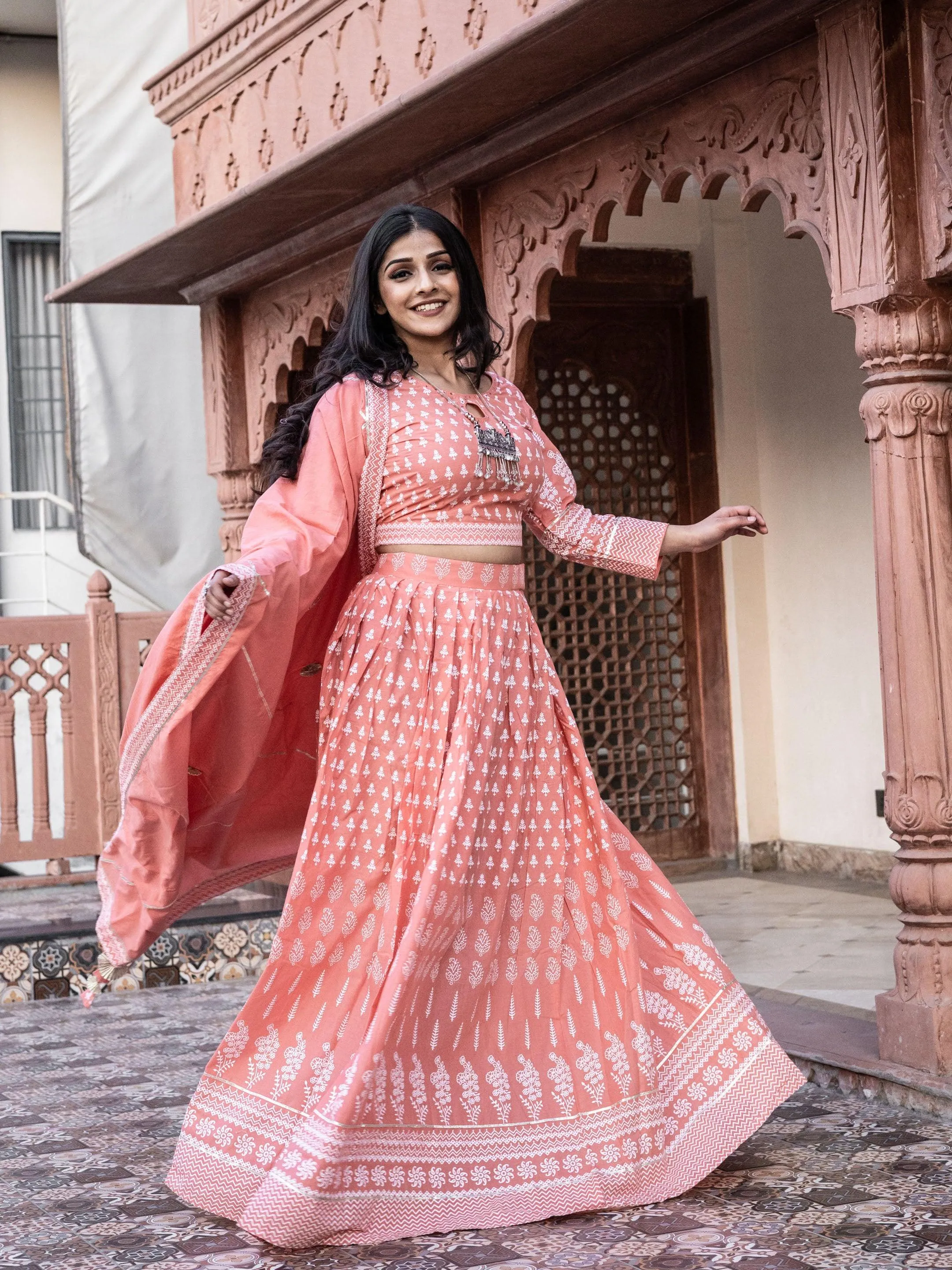 Jashvi Pink Printed Crop Top, lehenga with Dupatta set