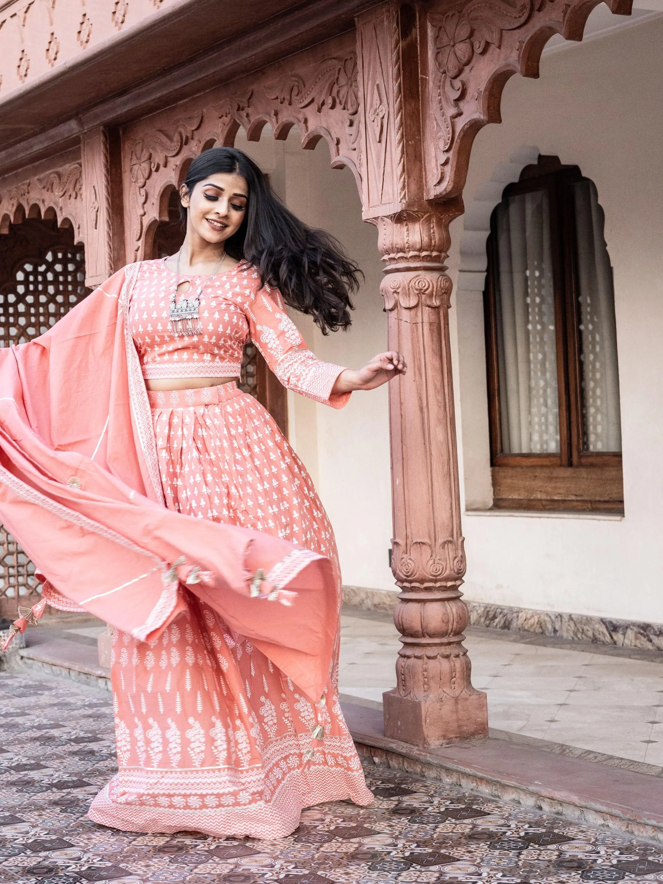 Jashvi Pink Printed Crop Top, lehenga with Dupatta set