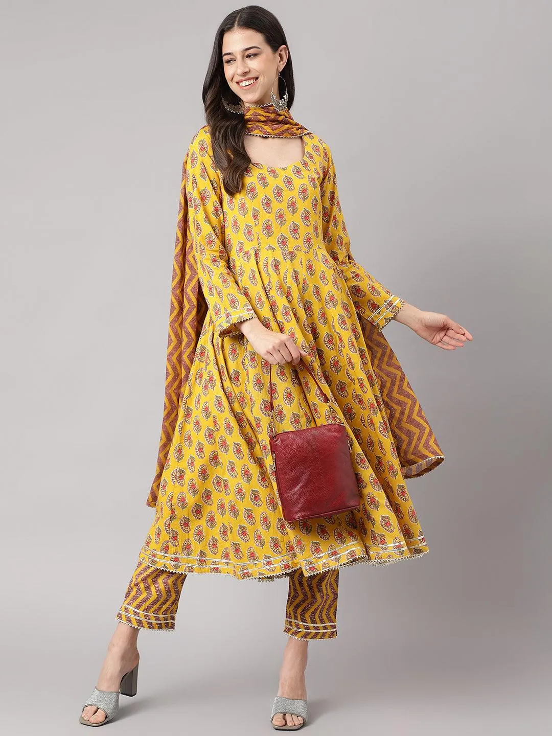 Jashvi Yellow Cotton Anarkali Kurta Pant Set with Dupatta