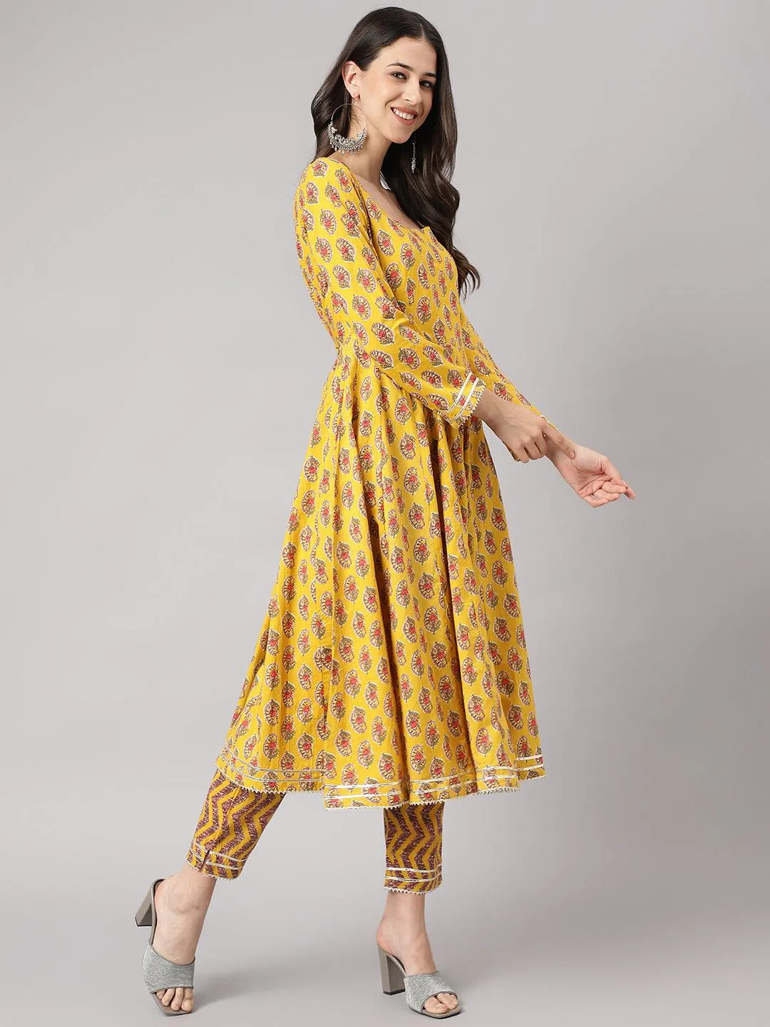 Jashvi Yellow Cotton Anarkali Kurta Pant Set with Dupatta