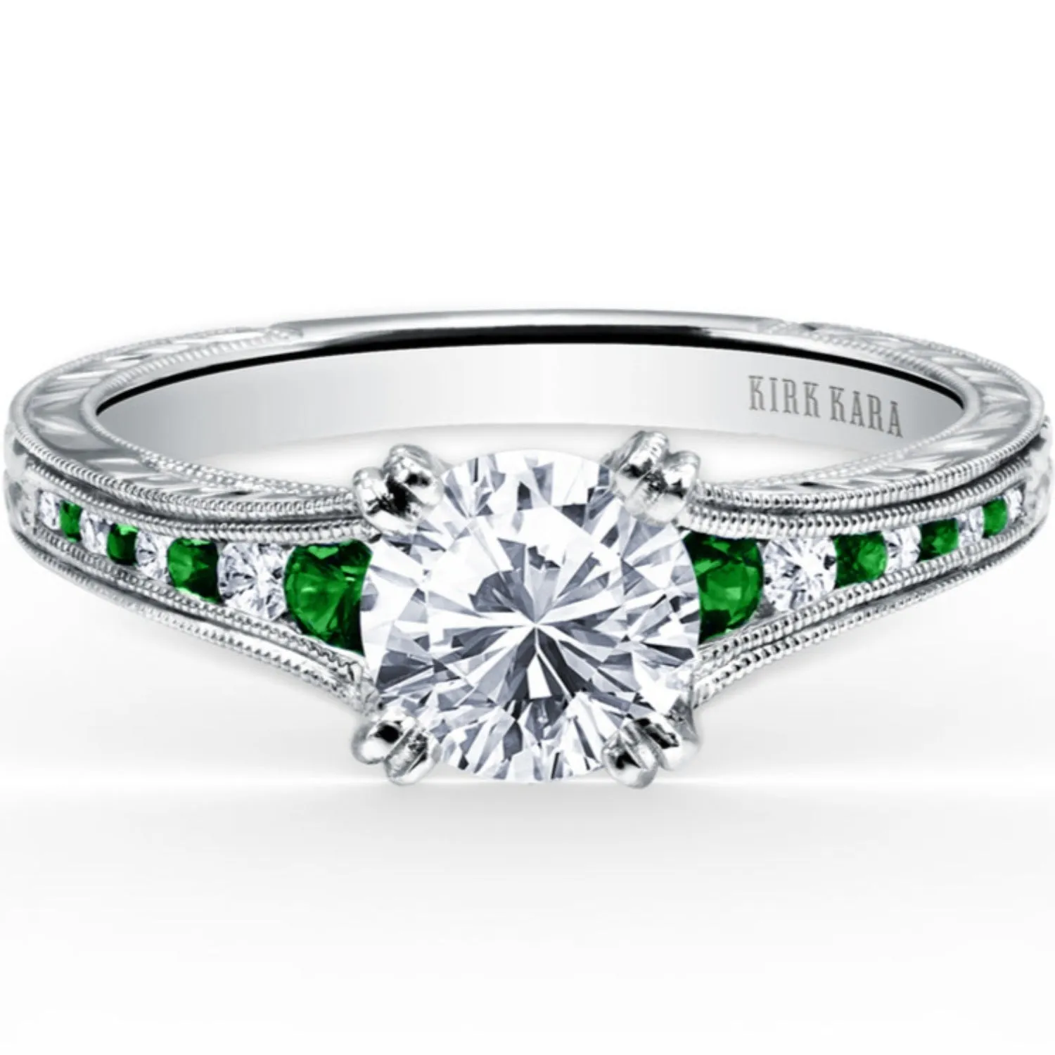 Kirk Kara "Stella" Tapered Green Tsavorite & Diamond Engagement Ring