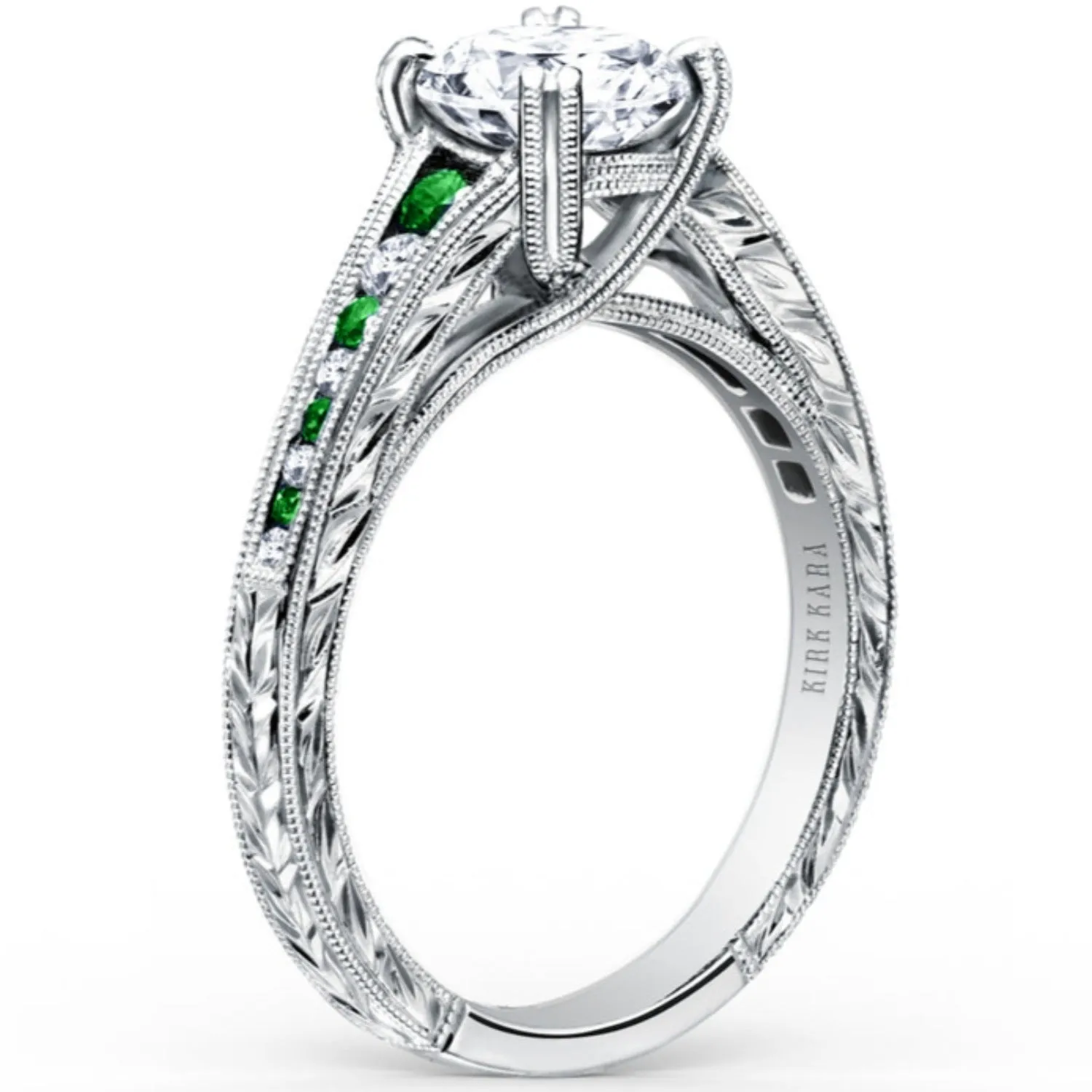 Kirk Kara "Stella" Tapered Green Tsavorite & Diamond Engagement Ring