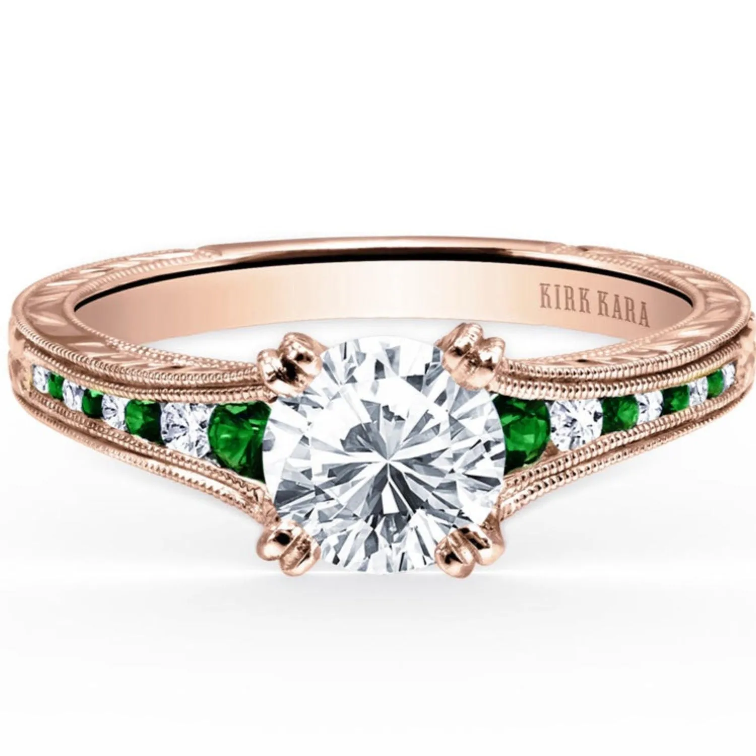 Kirk Kara "Stella" Tapered Green Tsavorite & Diamond Engagement Ring