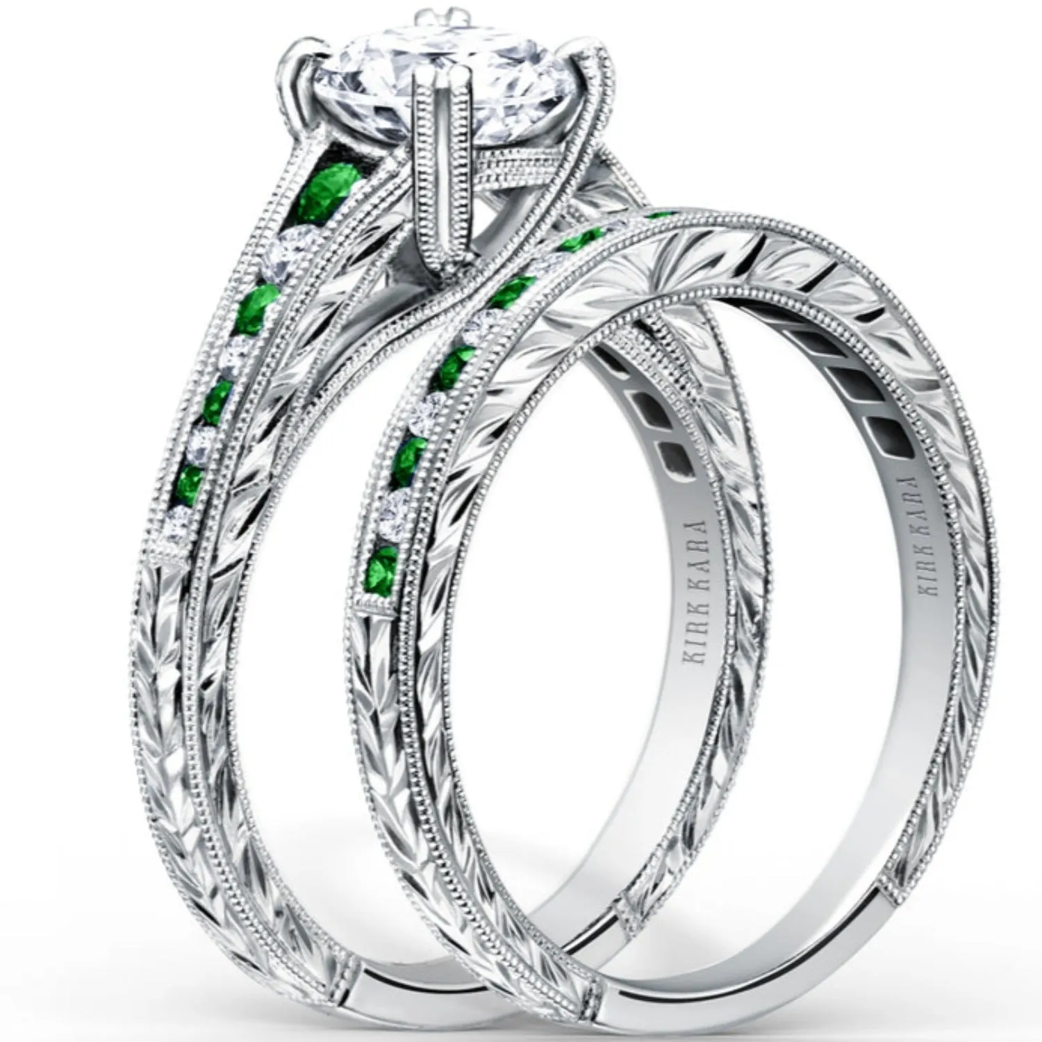 Kirk Kara "Stella" Tapered Green Tsavorite & Diamond Engagement Ring