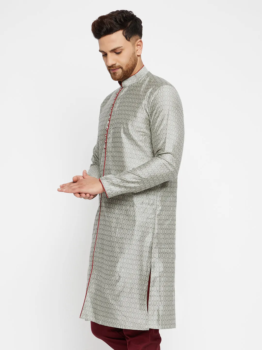 Men's Beige,Grey And Maroon Silk Blend Kurta - Vastramay