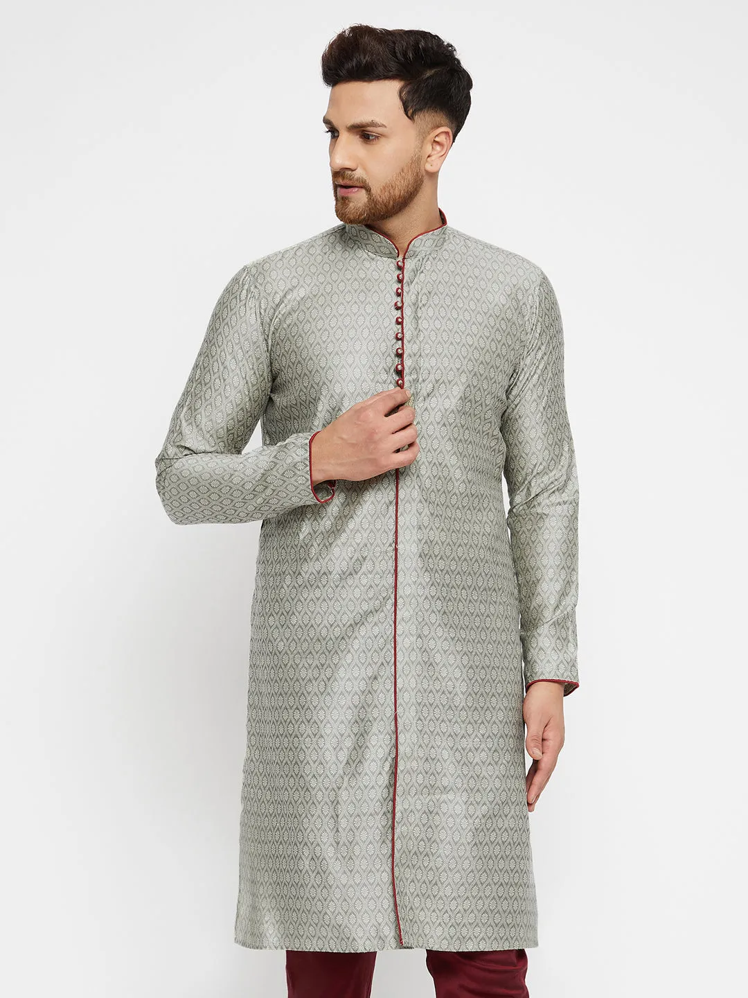 Men's Beige,Grey And Maroon Silk Blend Kurta - Vastramay