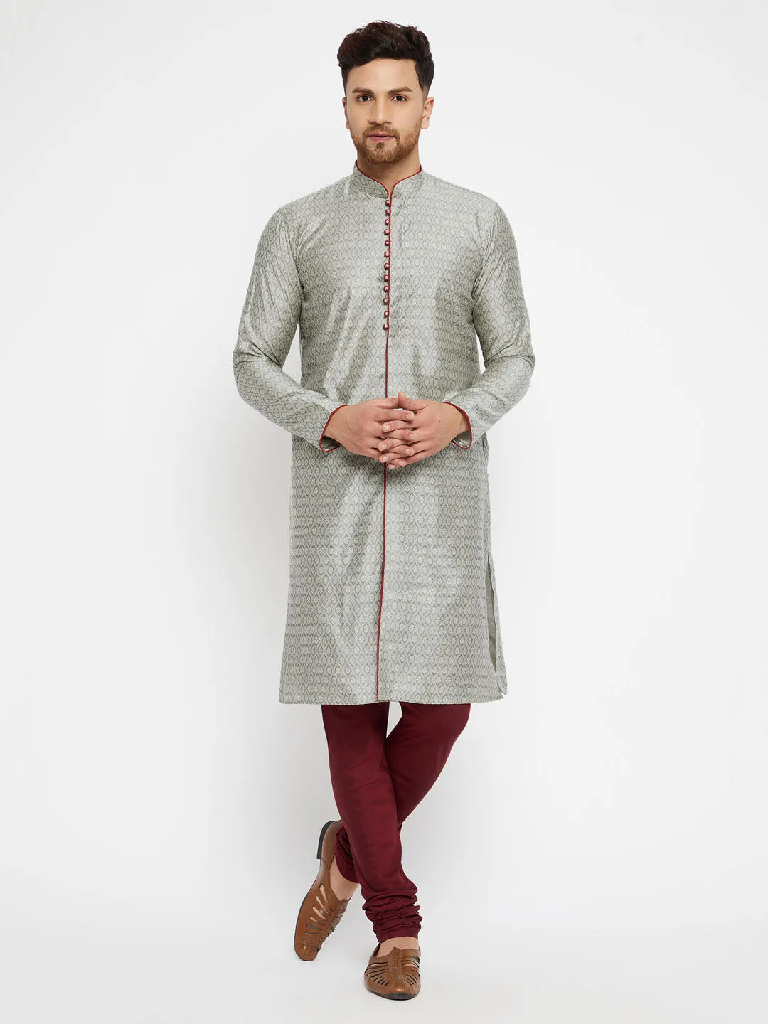 Men's Beige,Grey And Maroon Silk Blend Kurta - Vastramay