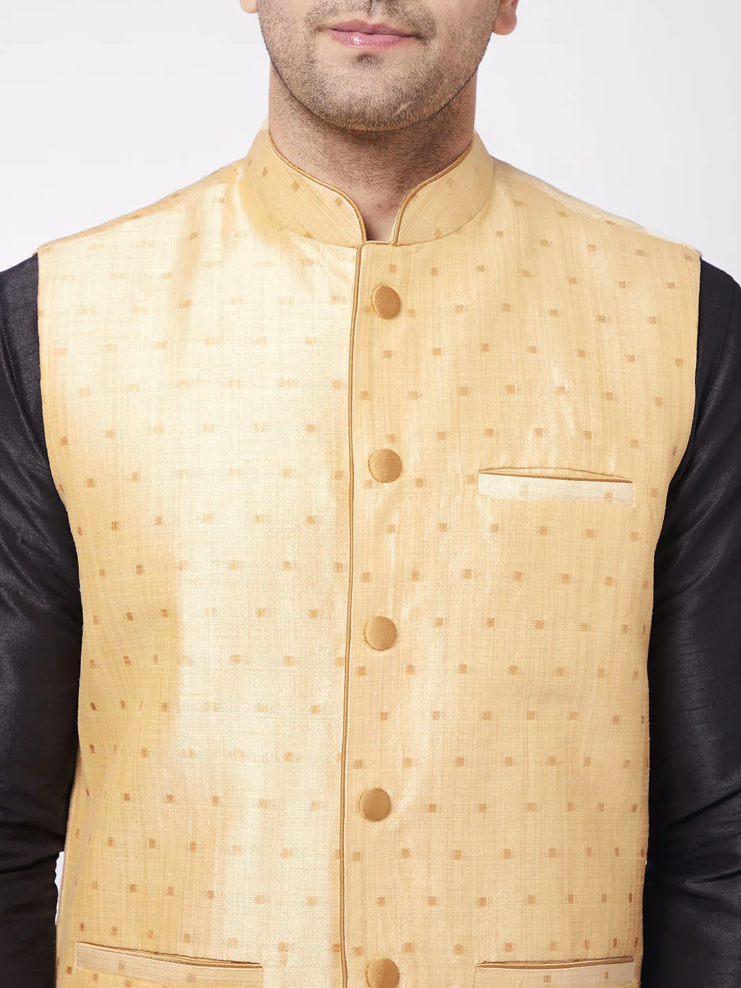 Men's Black And Gold Silk Blend Jacket, Kurta And Dhoti Set - Vastramay