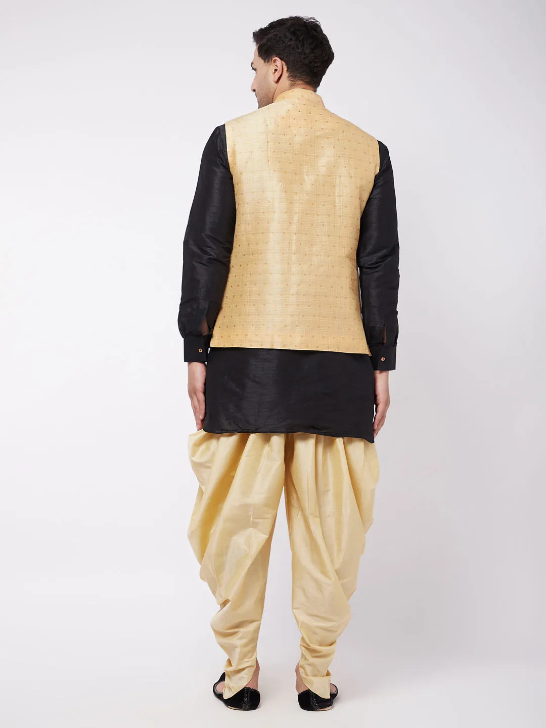 Men's Black And Gold Silk Blend Jacket, Kurta And Dhoti Set - Vastramay