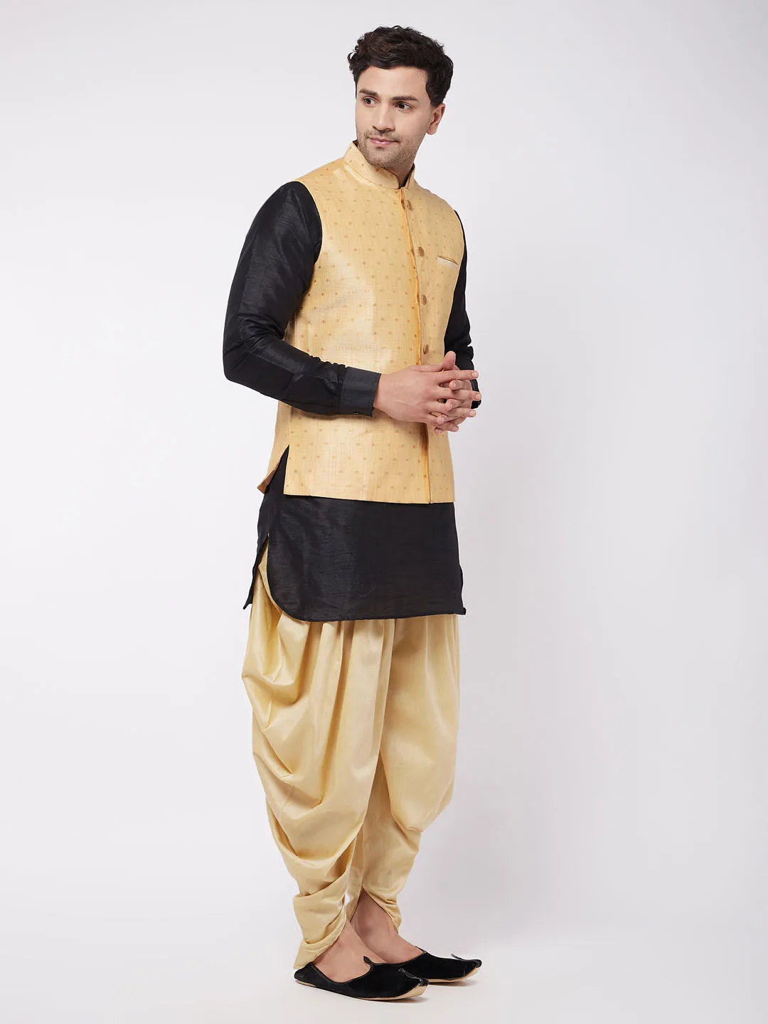 Men's Black And Gold Silk Blend Jacket, Kurta And Dhoti Set - Vastramay