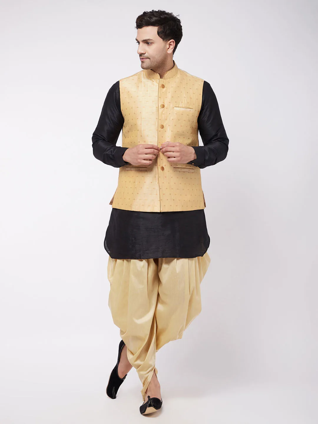 Men's Black And Gold Silk Blend Jacket, Kurta And Dhoti Set - Vastramay