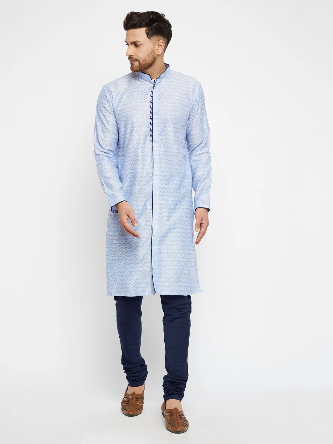 Men's Lavender And Navy Blue Silk Blend Kurta - Vastramay