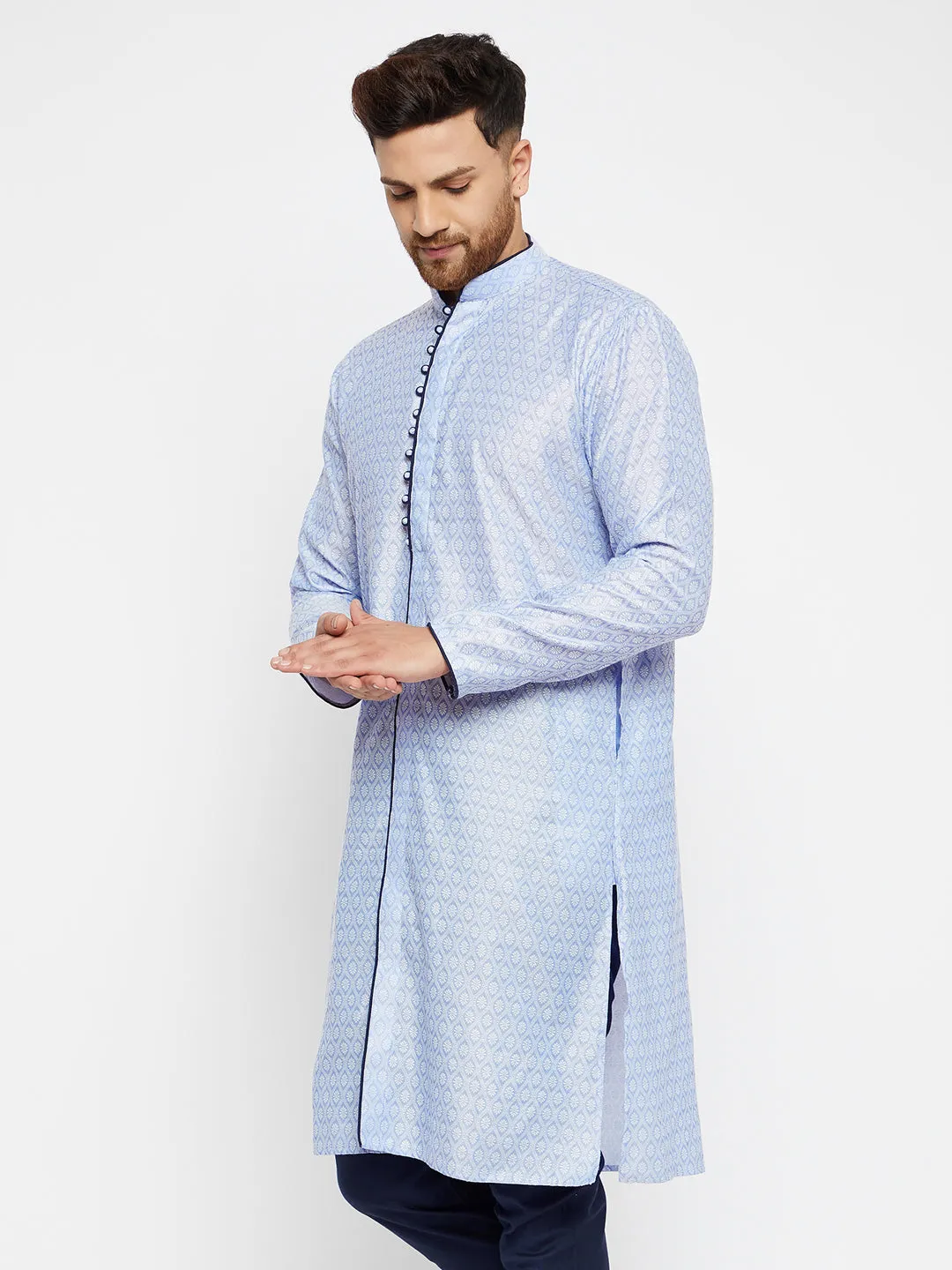 Men's Lavender And Navy Blue Silk Blend Kurta - Vastramay