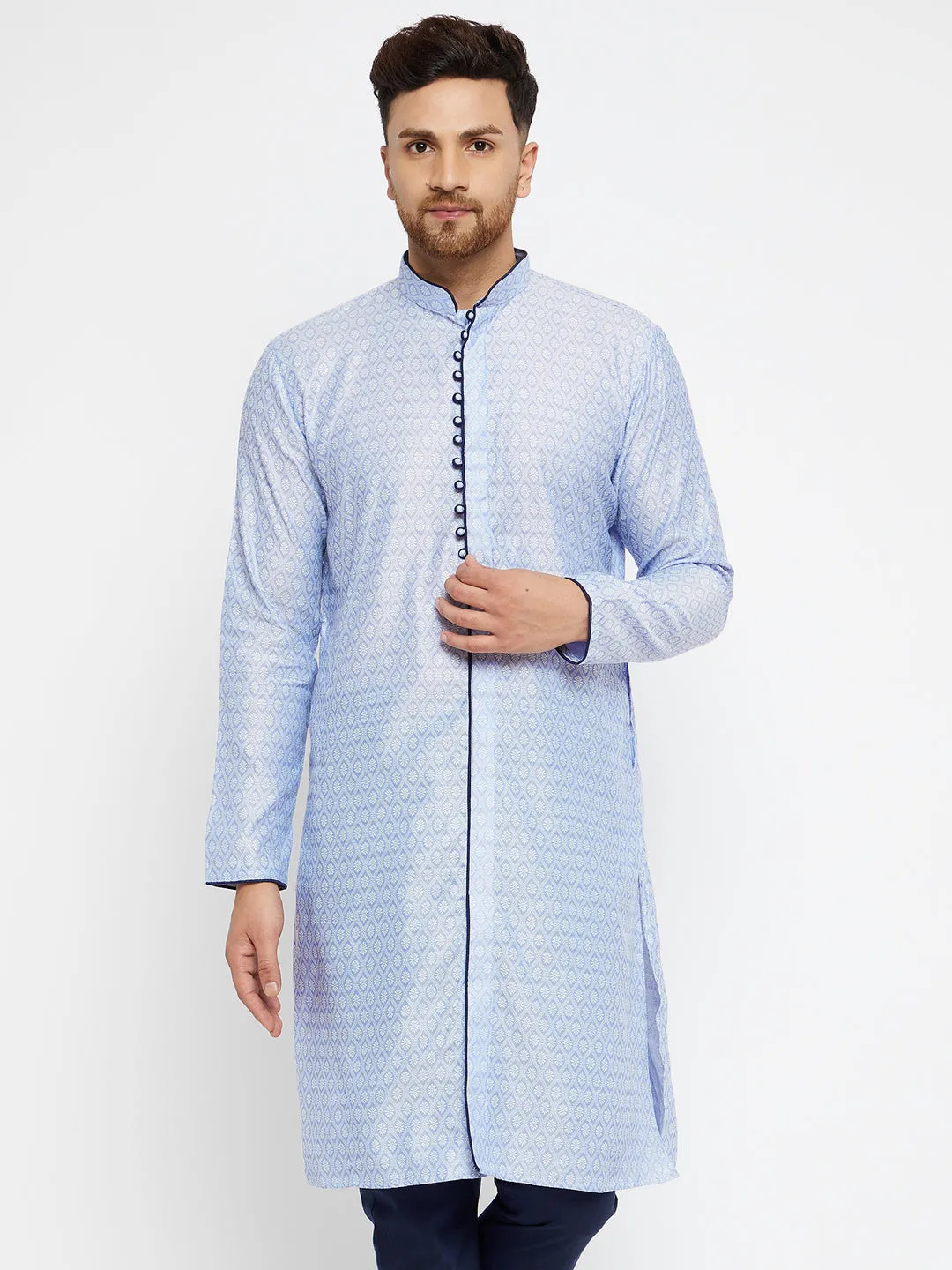 Men's Lavender And Navy Blue Silk Blend Kurta - Vastramay