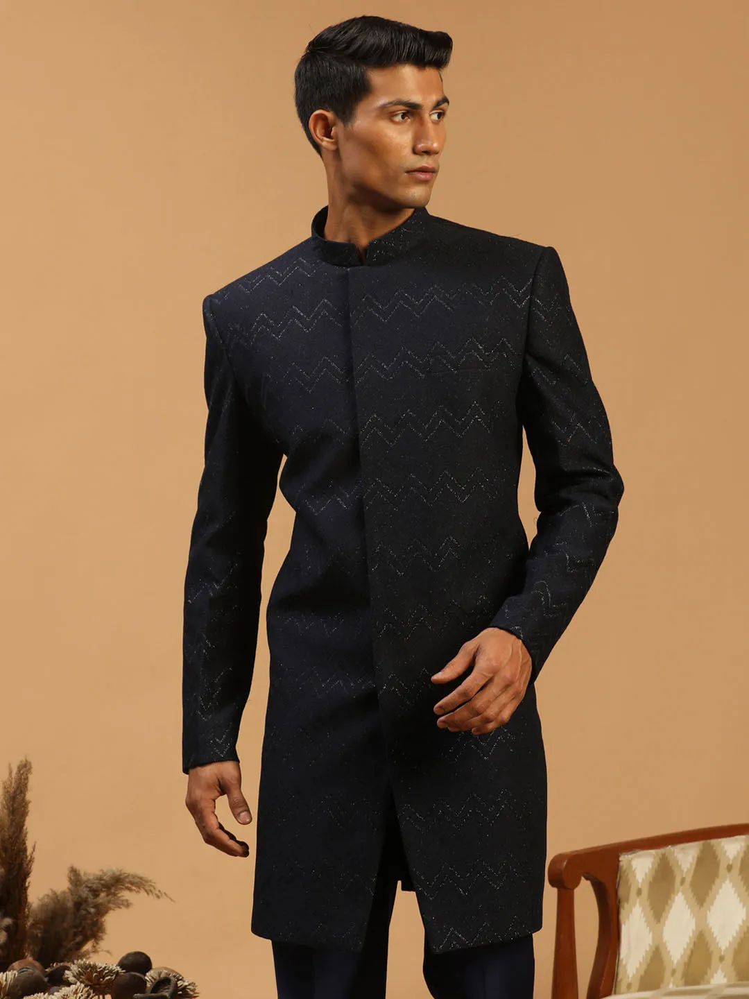 Men's Navy Blue Silk Sherwani Only Top - Shrestha By Vastramay