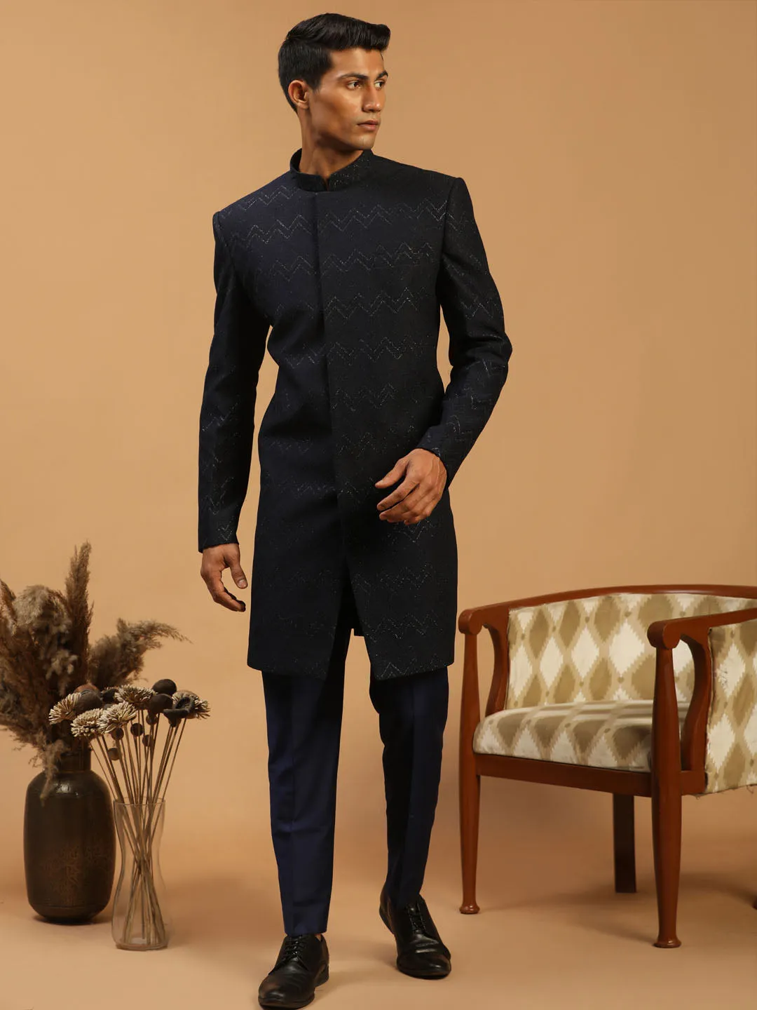 Men's Navy Blue Silk Sherwani Only Top - Shrestha By Vastramay