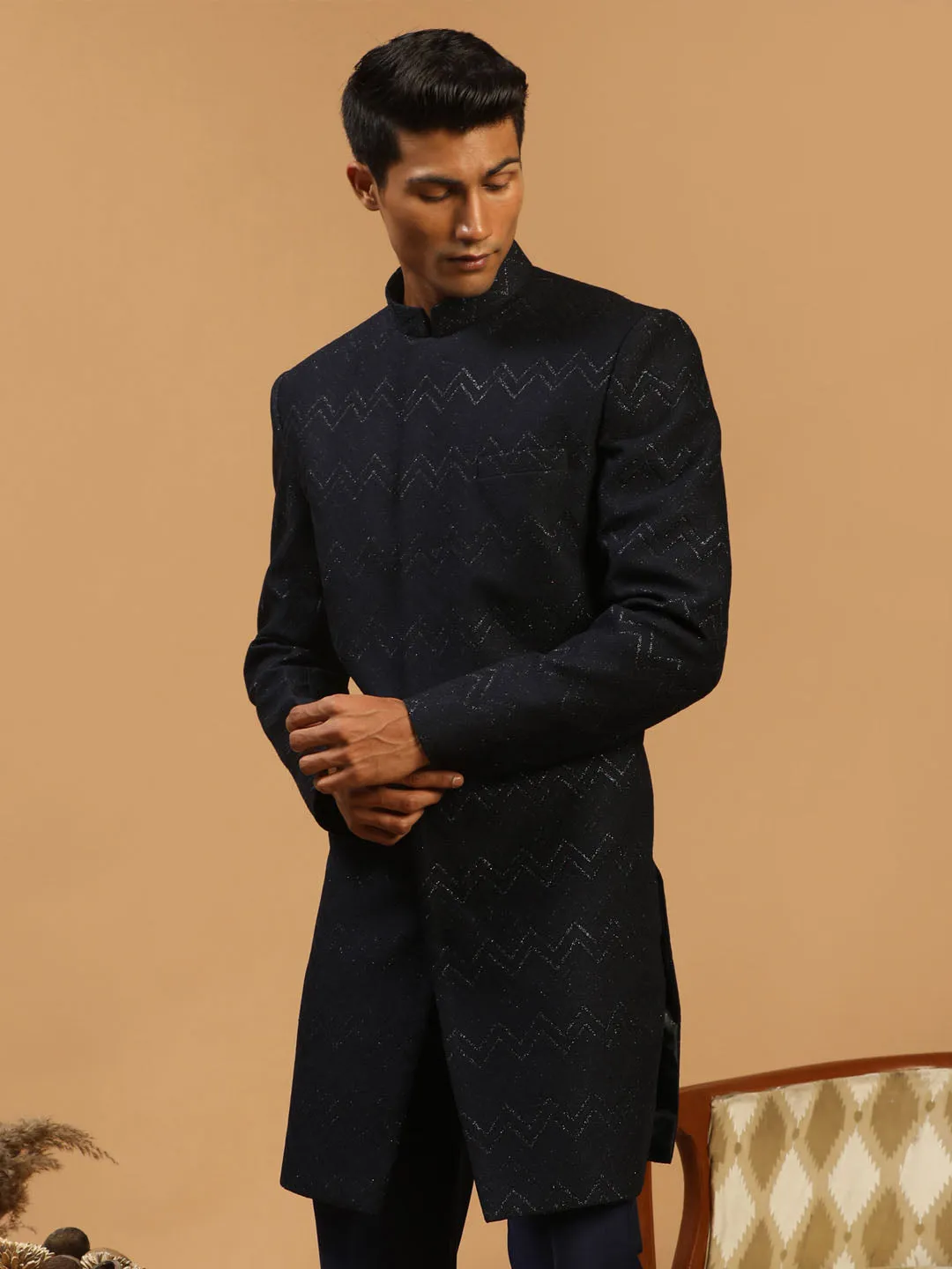 Men's Navy Blue Silk Sherwani Only Top - Shrestha By Vastramay