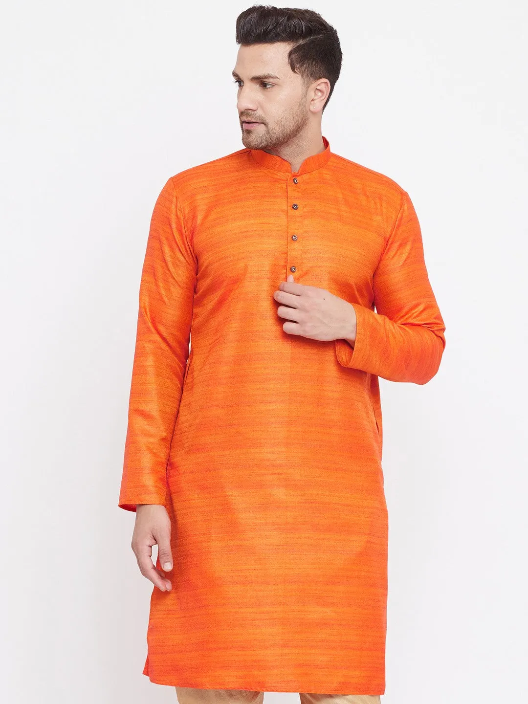 Men's Orange Silk Blend Kurta - Vastramay