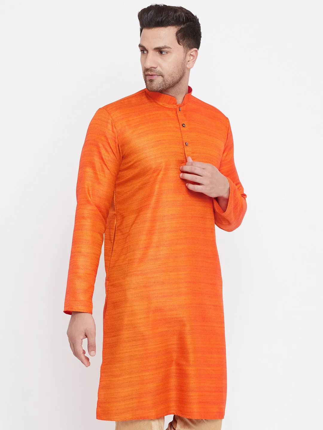 Men's Orange Silk Blend Kurta - Vastramay