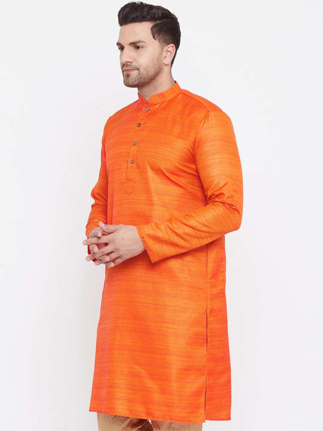 Men's Orange Silk Blend Kurta - Vastramay