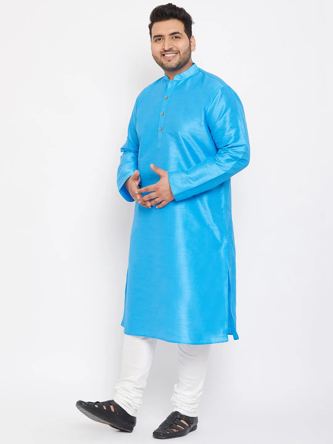 Men's Plus Aqua Blue And White Silk Blend Kurta Pyjama Set - Vastramay