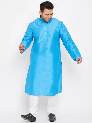 Men's Plus Aqua Blue And White Silk Blend Kurta Pyjama Set - Vastramay