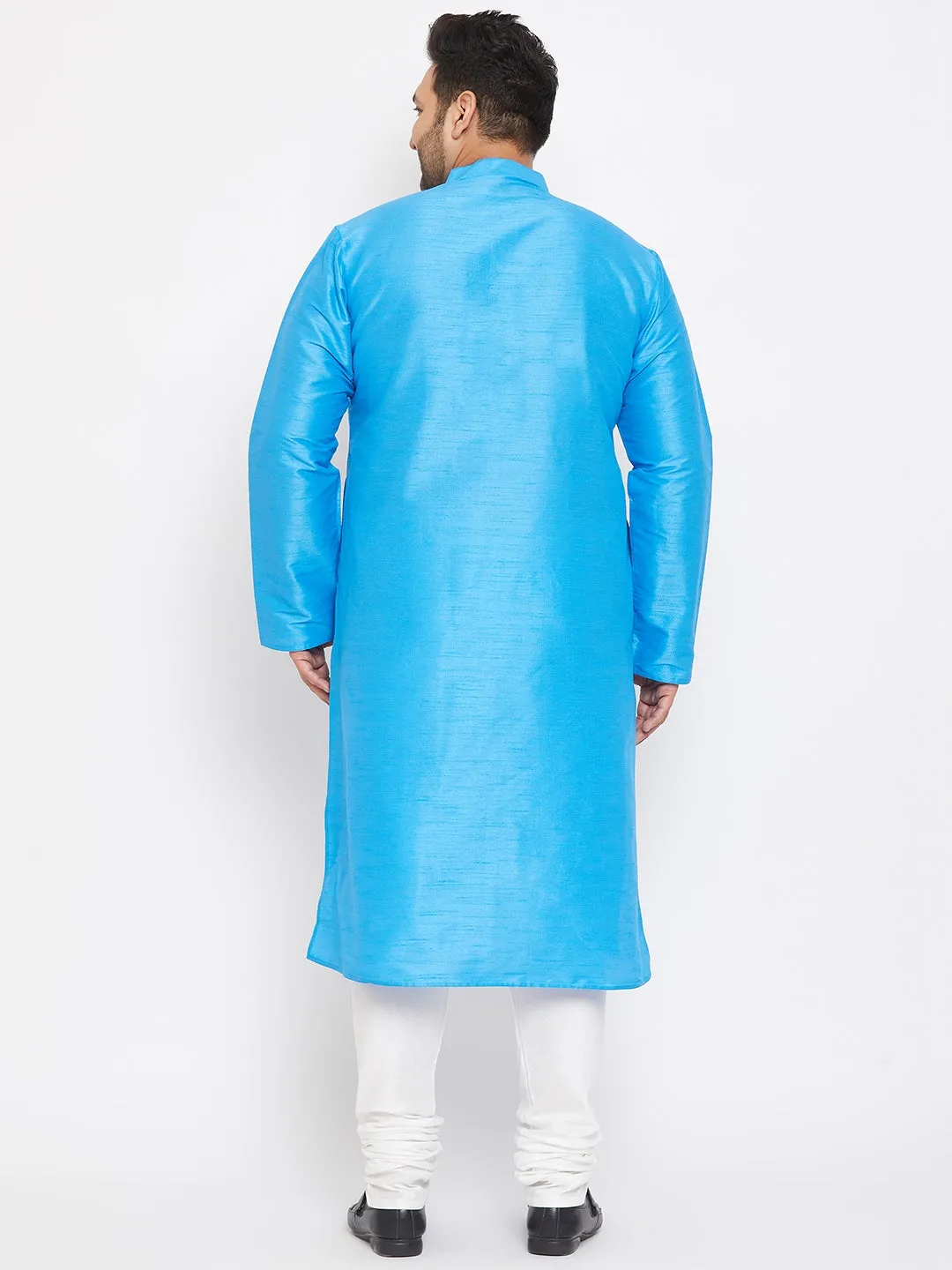 Men's Plus Aqua Blue And White Silk Blend Kurta Pyjama Set - Vastramay