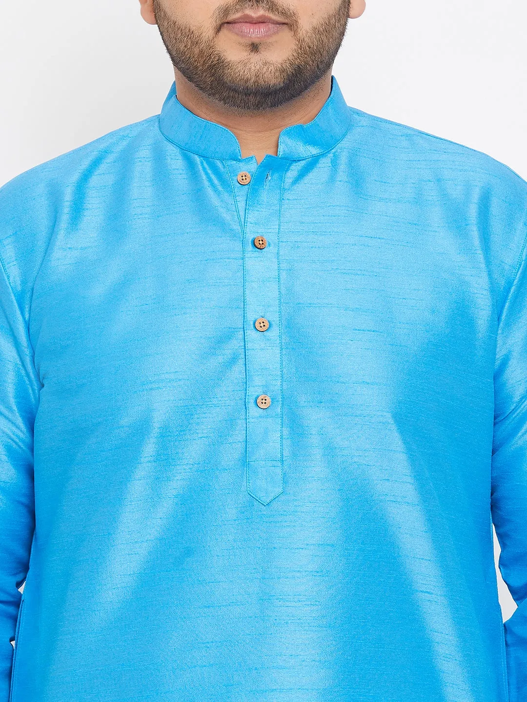 Men's Plus Aqua Blue And White Silk Blend Kurta Pyjama Set - Vastramay