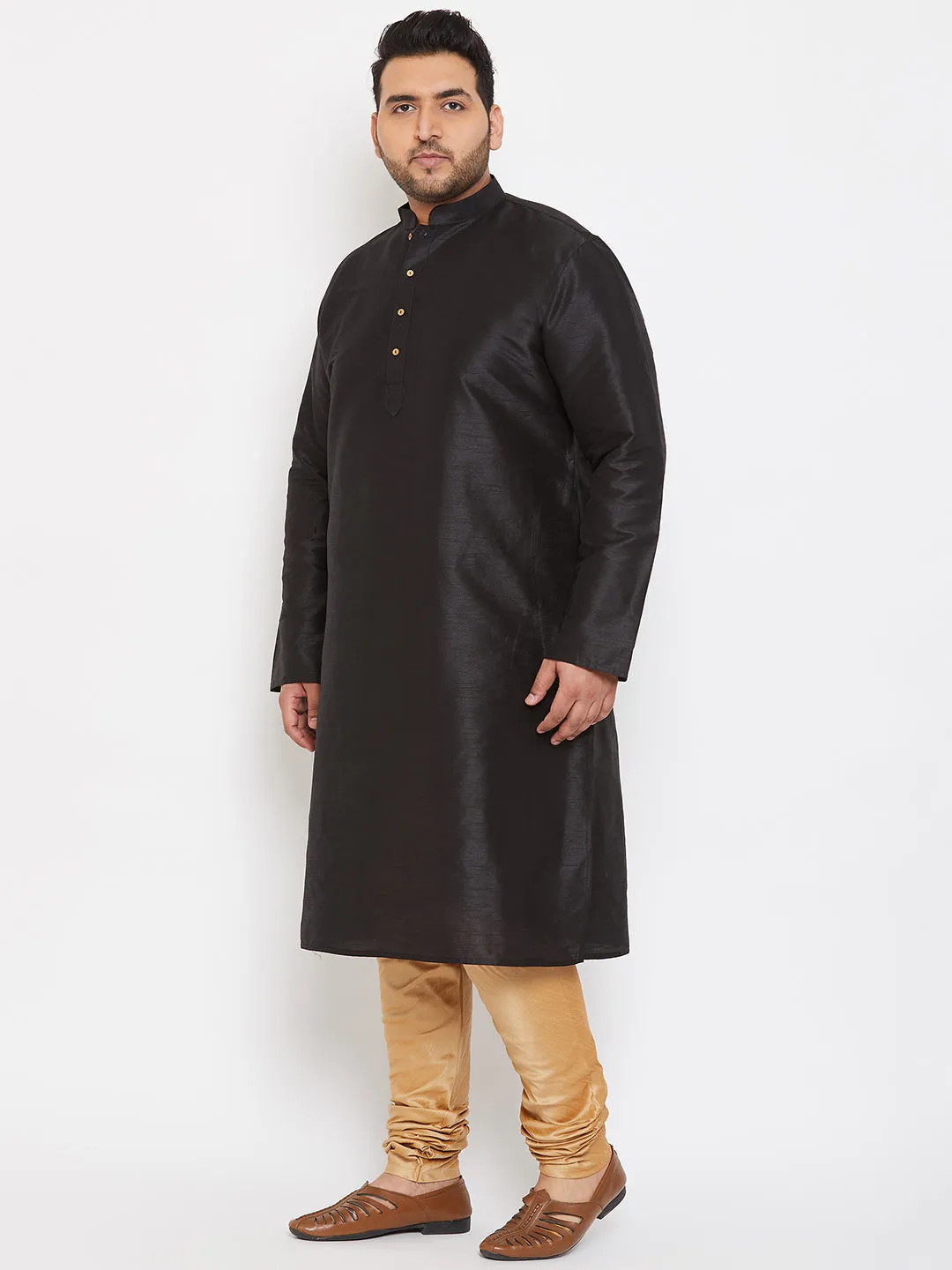 Men's Plus Black And Rose Gold Silk Blend Kurta Pyjama Set - Vastramay