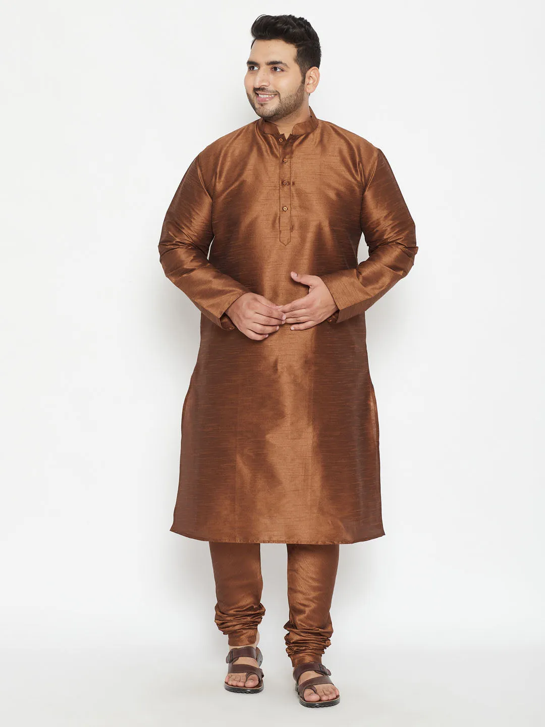 Men's Plus Coffee Brown Silk Blend Kurta Pyjama Set - Vastramay