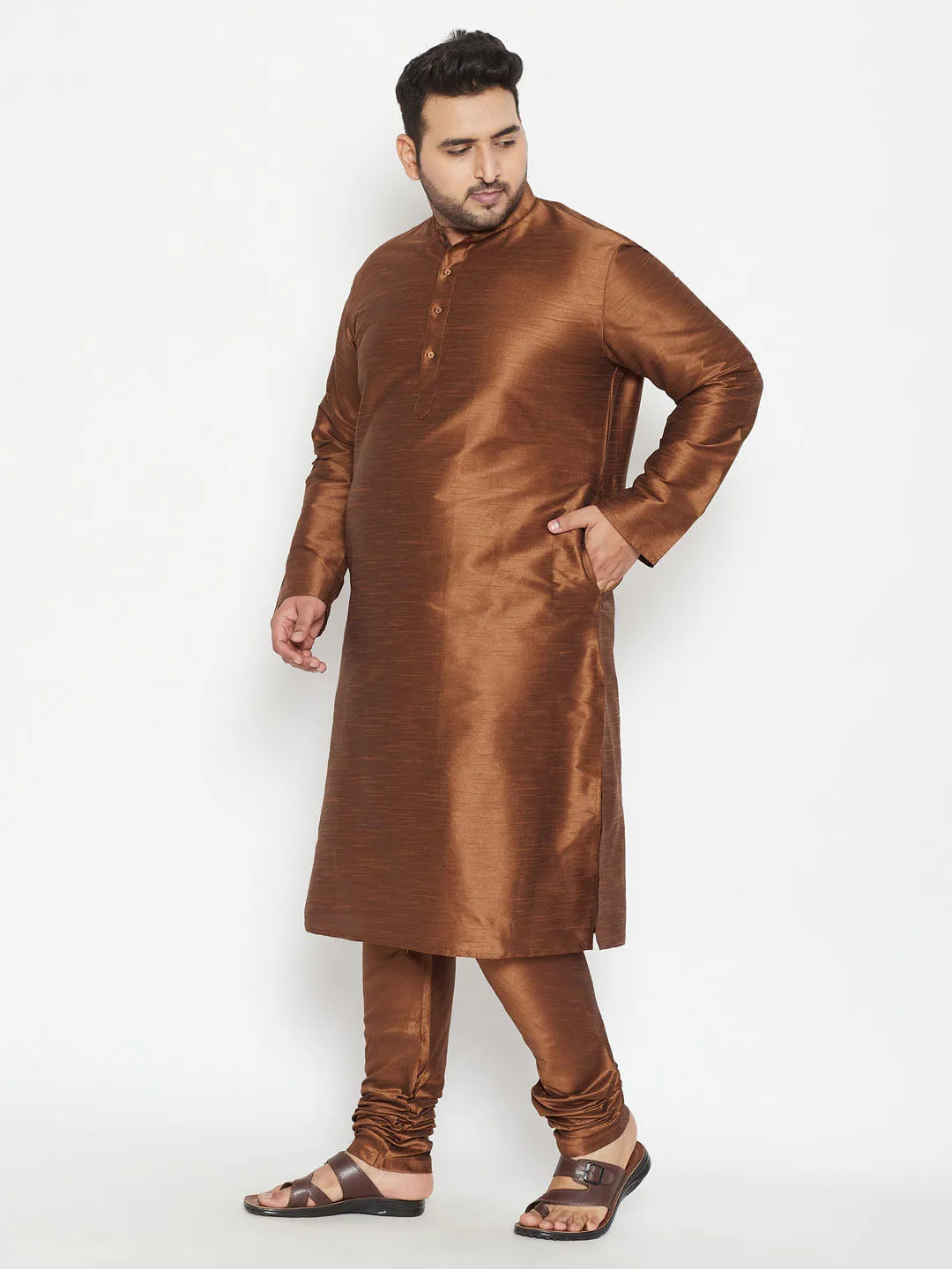 Men's Plus Coffee Brown Silk Blend Kurta Pyjama Set - Vastramay