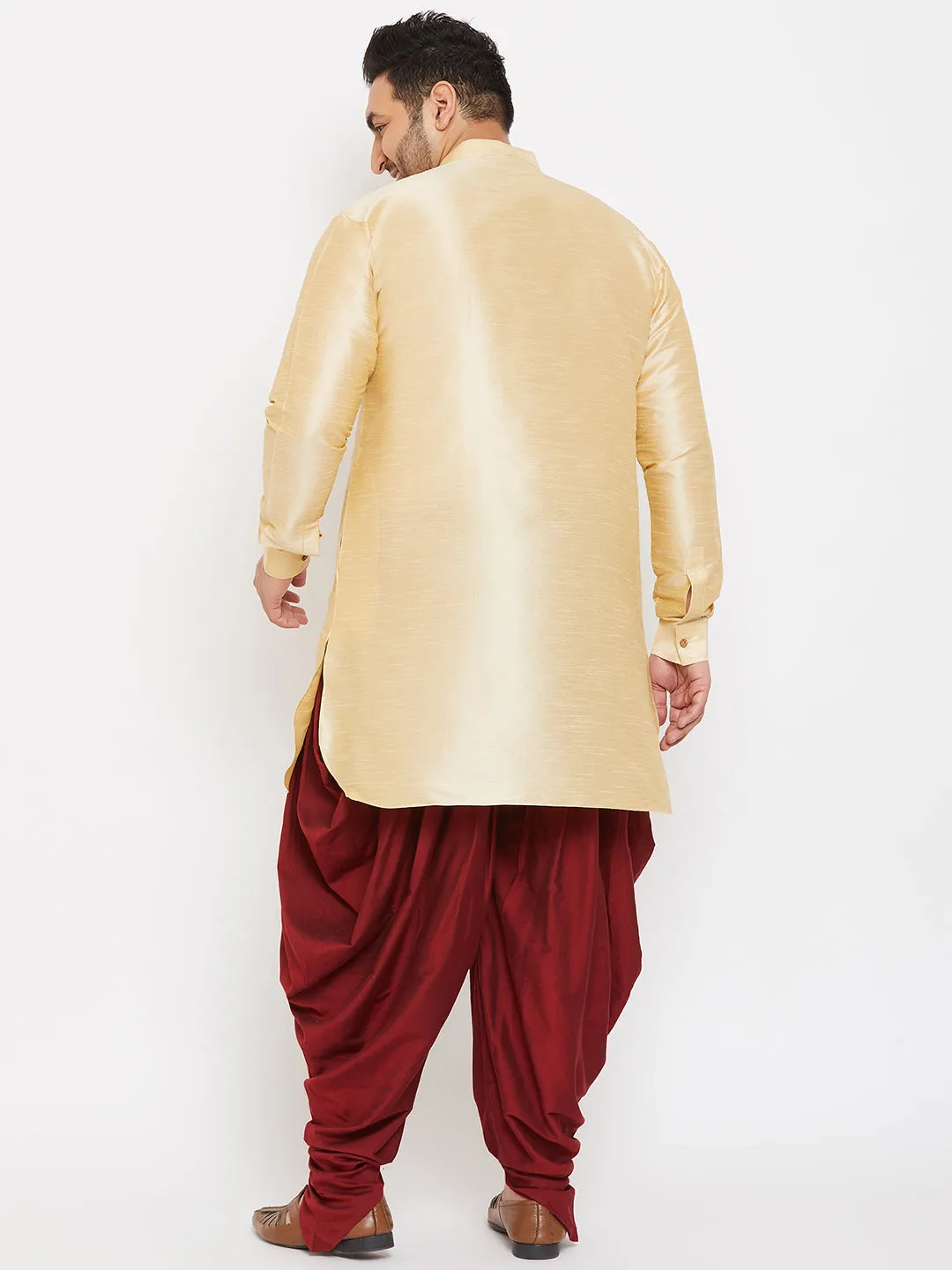 Men's Plus Gold And Maroon Silk Blend Kurta And Dhoti Set - Vastramay