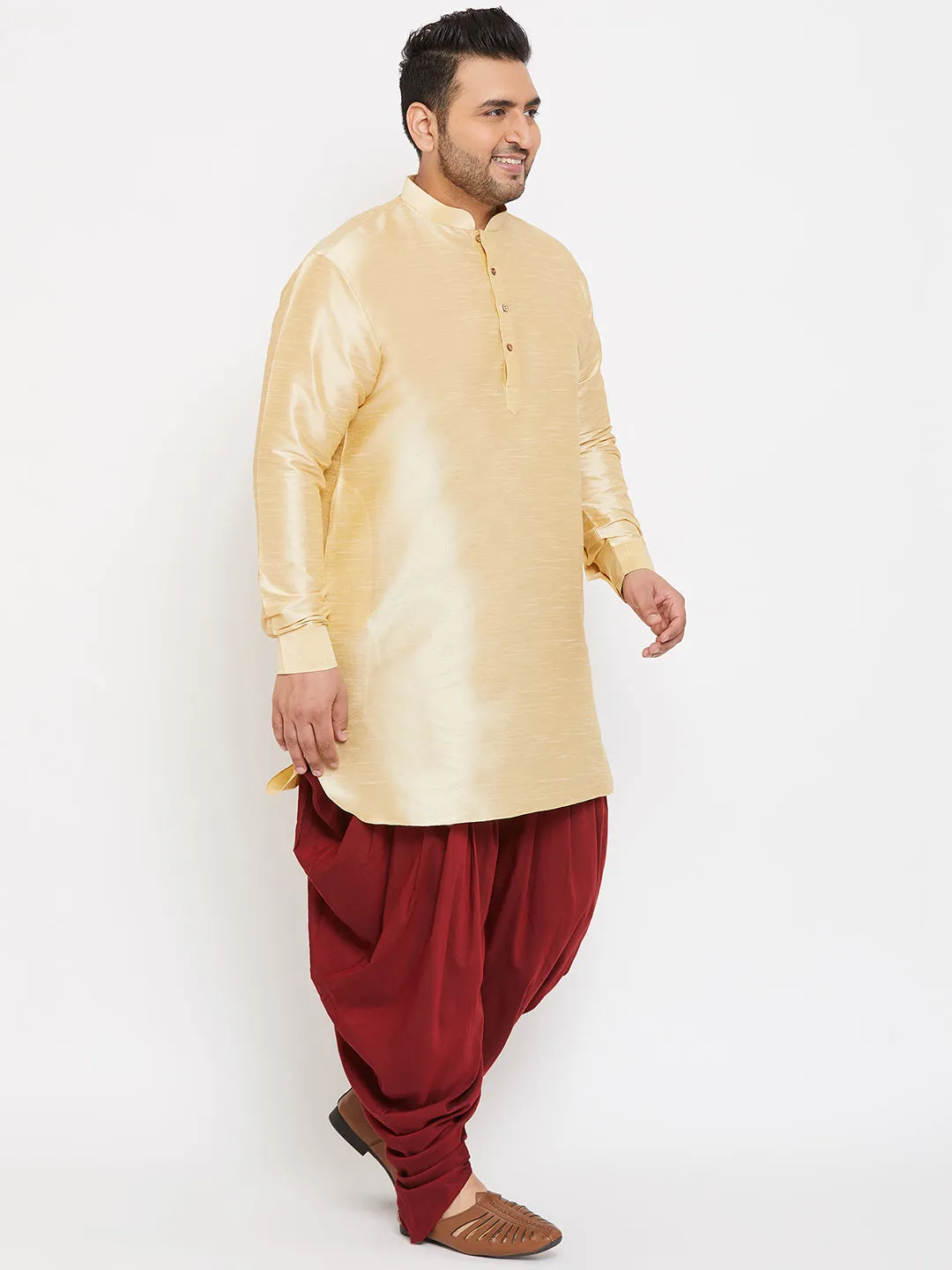 Men's Plus Gold And Maroon Silk Blend Kurta And Dhoti Set - Vastramay