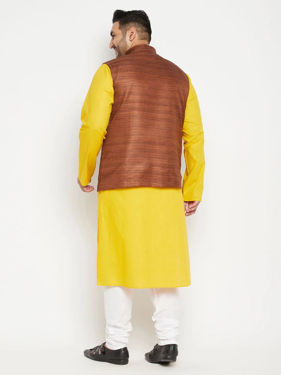 Men's Plus Mustard, Coffee Brown And White Cotton Blend Jacket Kurta Pyjama Set - Vastramay