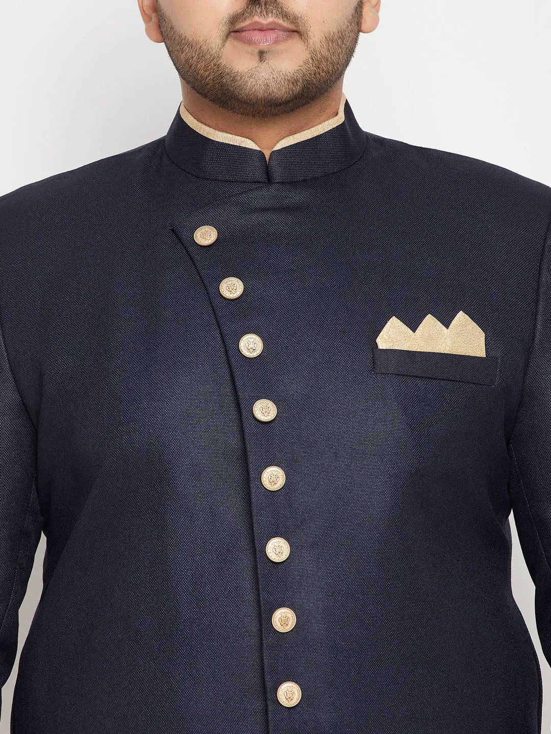 Men's Plus Navy Blue Silk Blend Sherwani Top - Vastramay