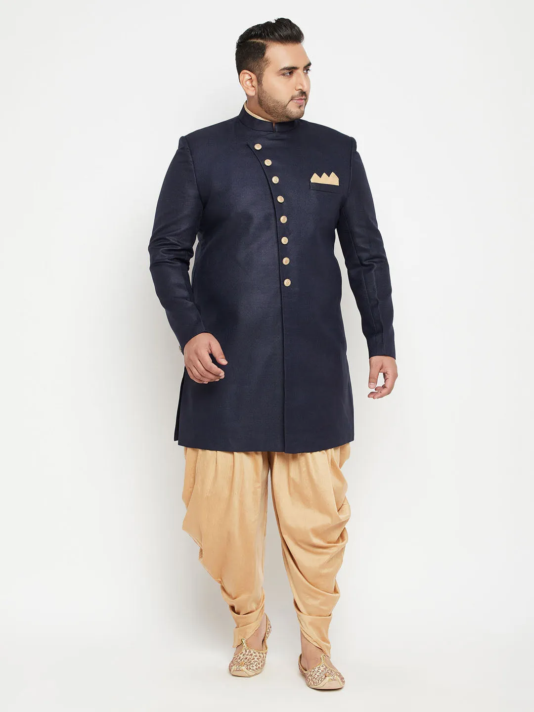 Men's Plus Navy Blue Silk Blend Sherwani Top - Vastramay