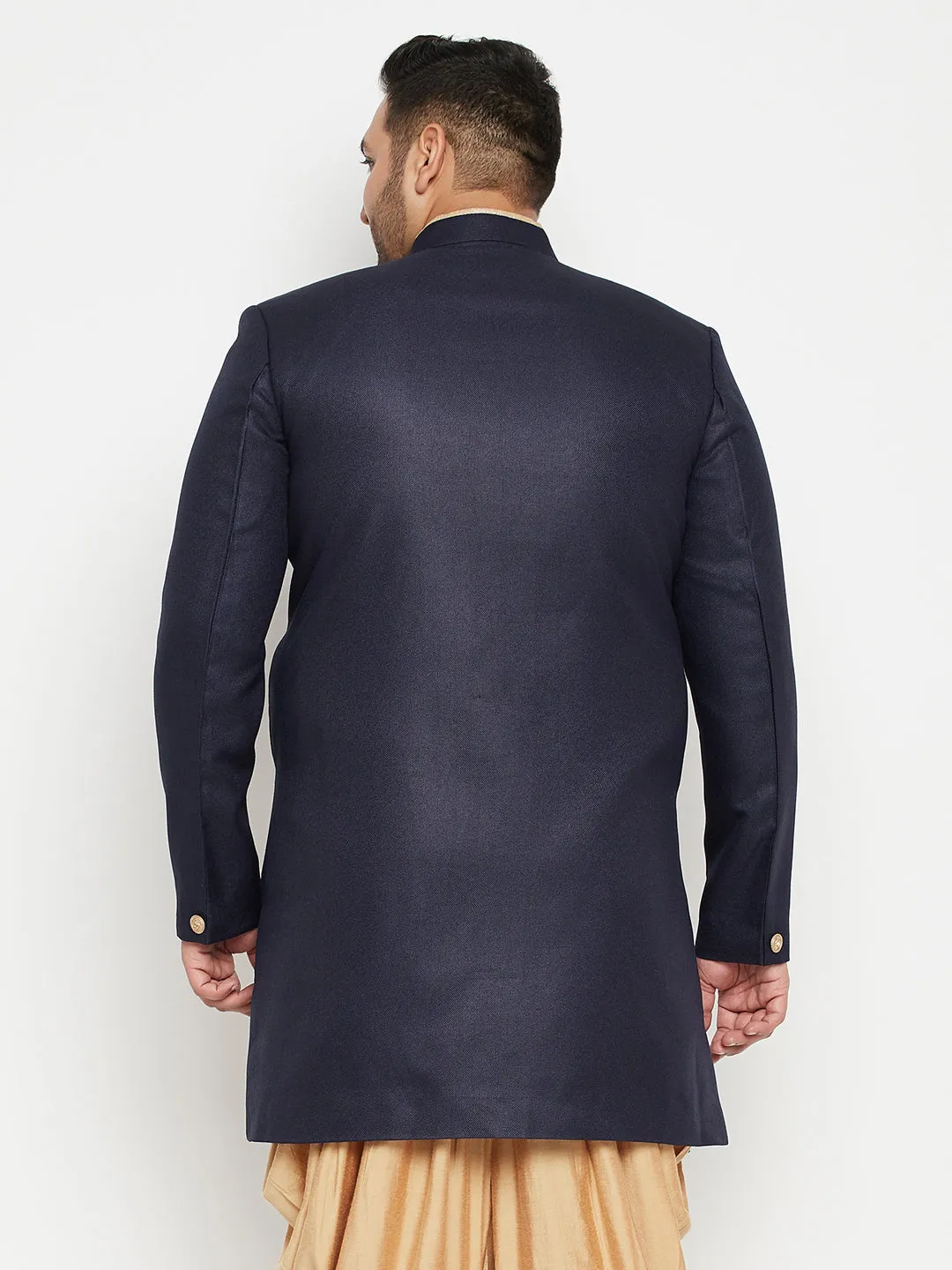 Men's Plus Navy Blue Silk Blend Sherwani Top - Vastramay