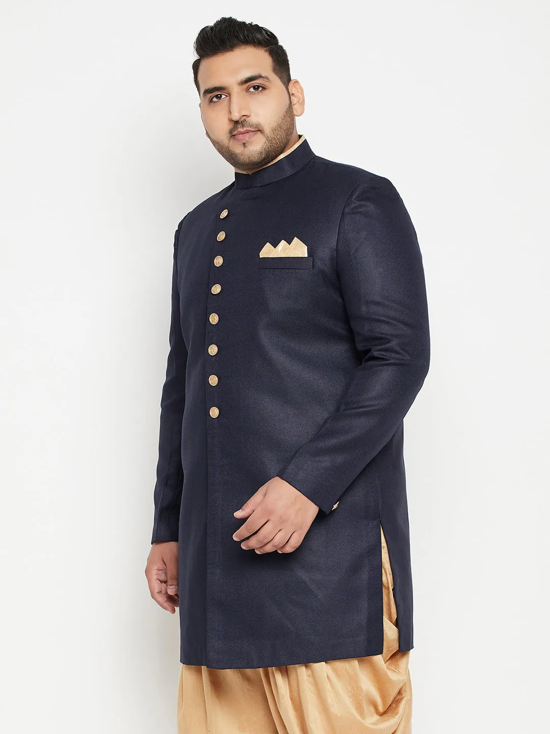 Men's Plus Navy Blue Silk Blend Sherwani Top - Vastramay