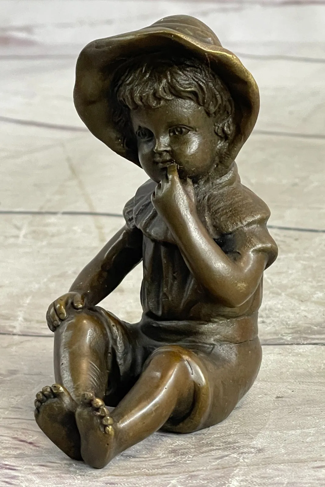 Milo`s Baby Girl with Hat - Handcrafted Bronze Statue by Miguel Lopez, Signed Artwork, Gift