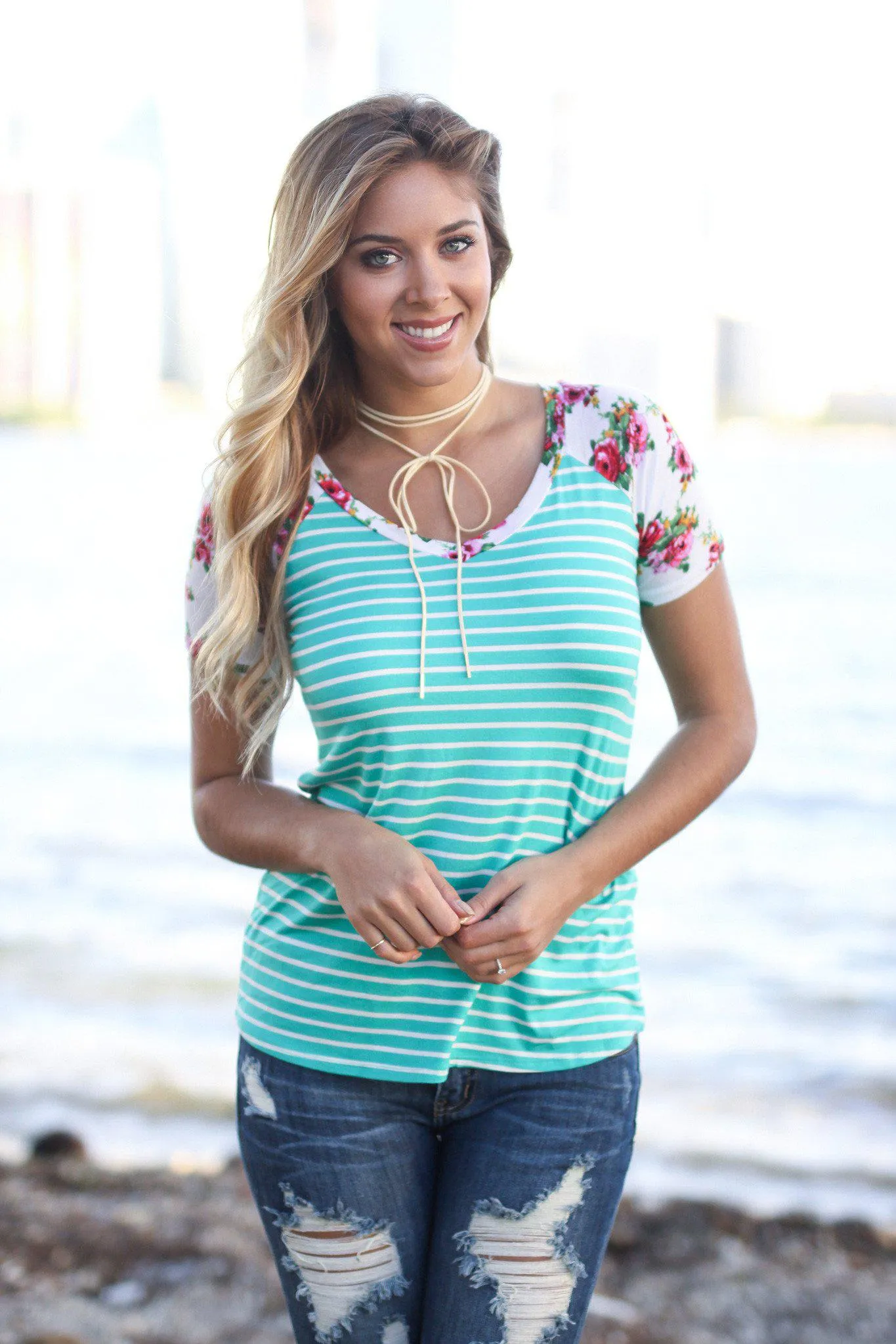 Mint and White Striped Top with Floral Sleeves