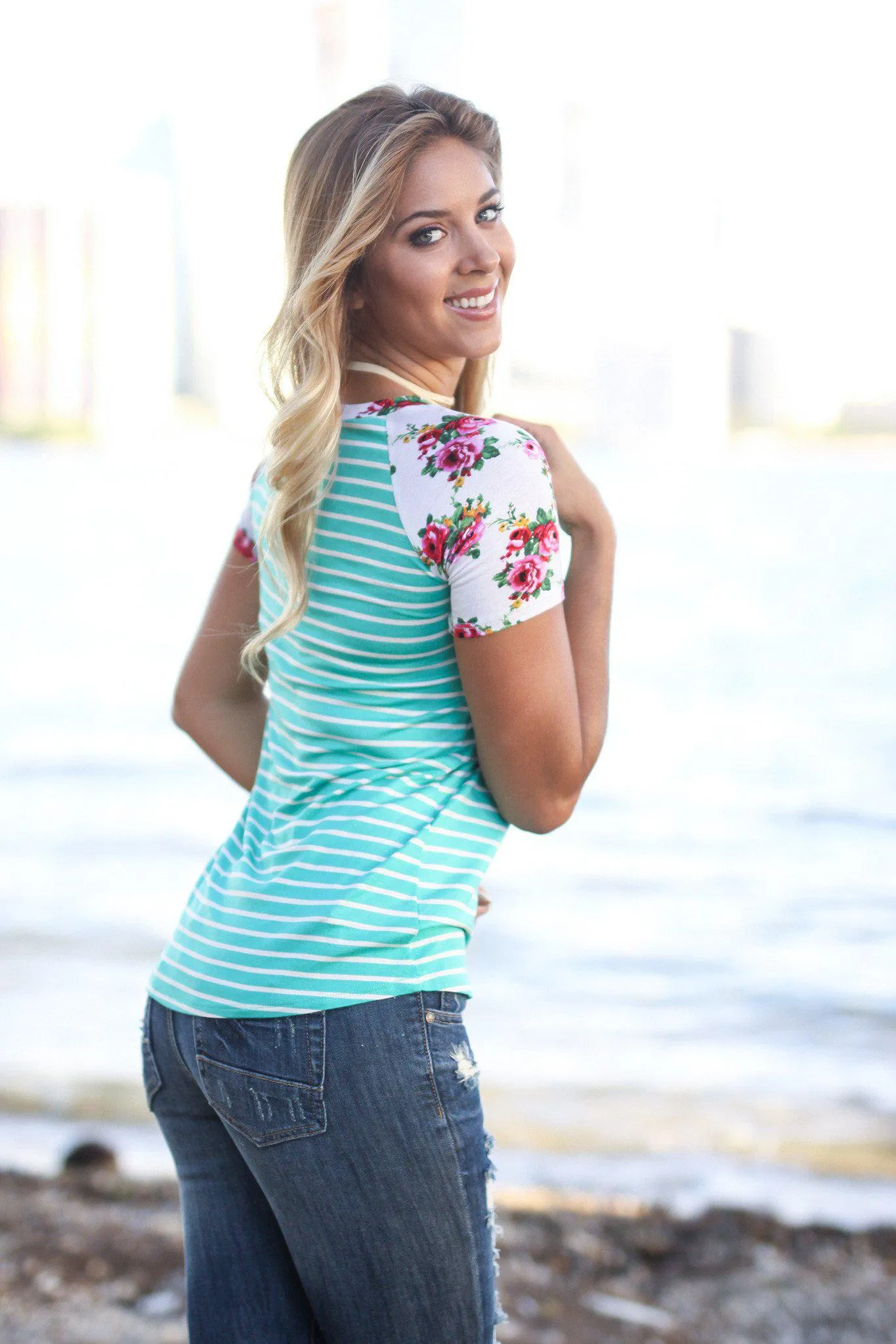 Mint and White Striped Top with Floral Sleeves