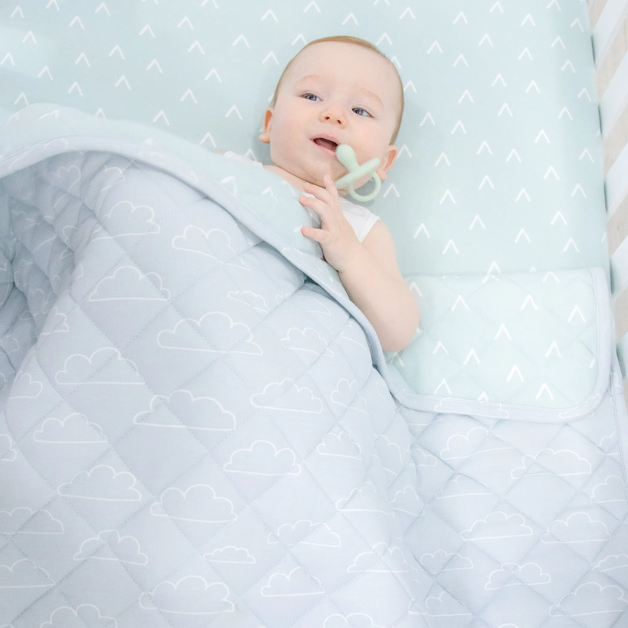 Nordic Reversible Cot Quilt/Playmat Dusty Sky/Mint