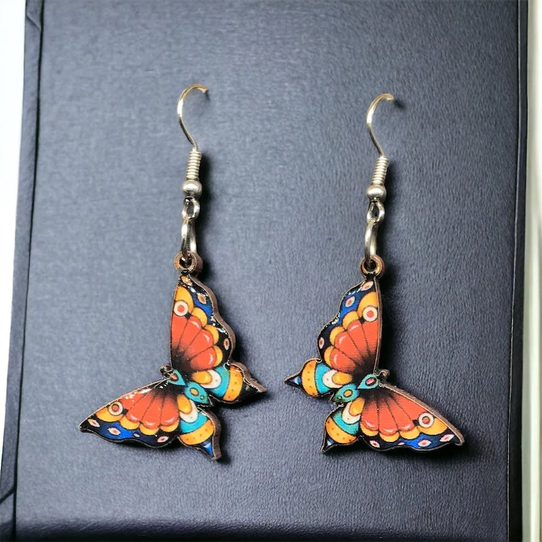 OLDTRIBES™ Painted Red and Turquoise Butterfly Wood Earrings