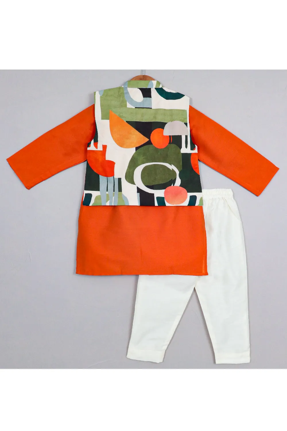 Orange Cotton Silk Kurta With Abstract Printed Jacket Set