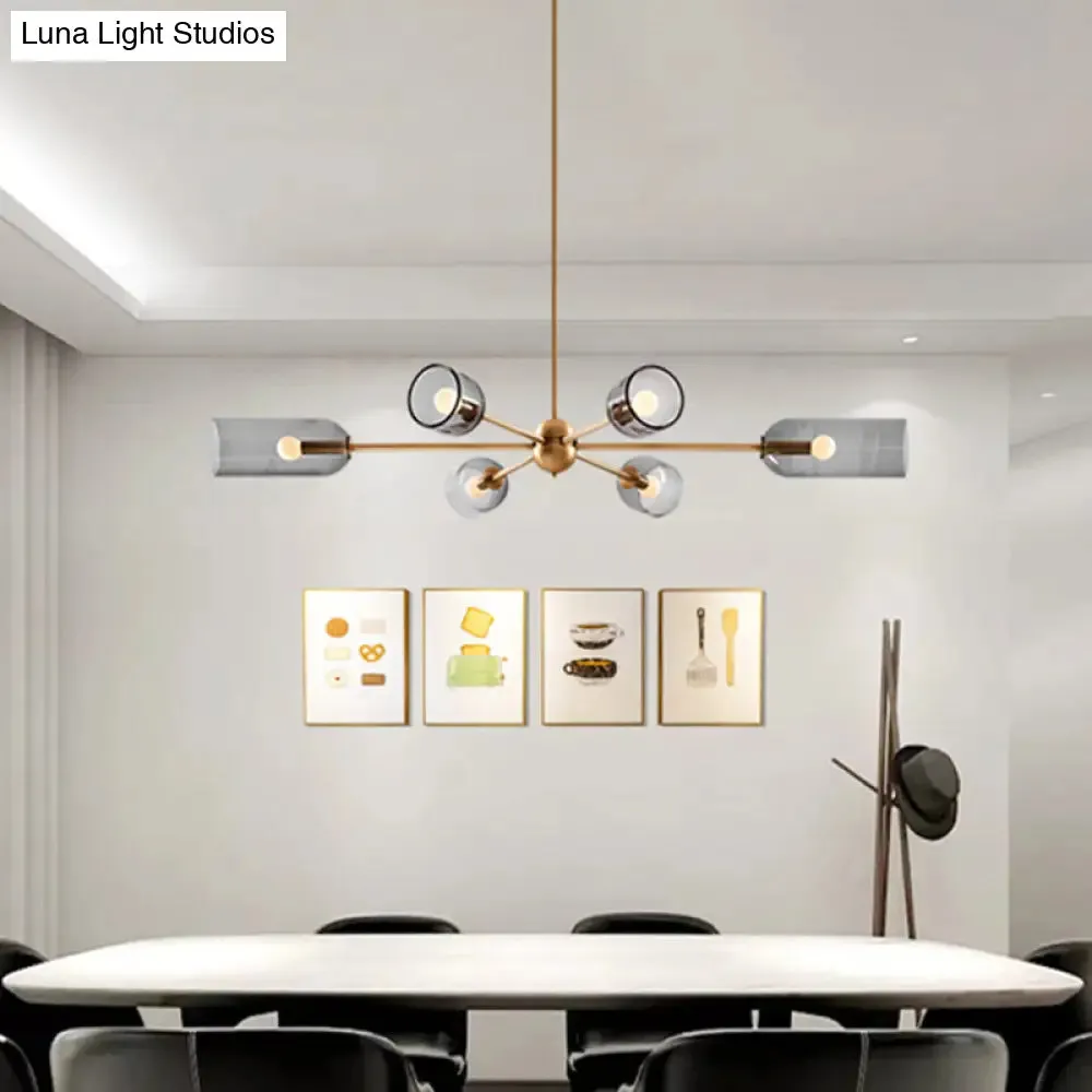 Postmodern 6-Bulb Gold Chandelier with Smoky Grey Cloche Glass Shade - Hanging Pendant